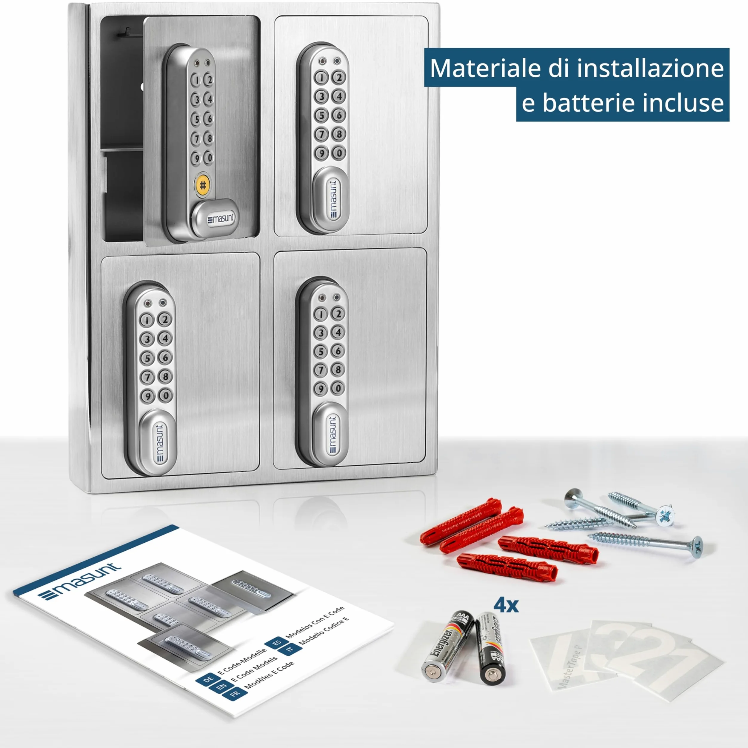 masunt cassaforte per chiavi 1420 E Code | Innovativa assegnazione online del codice a distanza | cassaforte elettronica per chiavi in acciaio inox V2A massiccio | 4 scomparti | antieffrazione