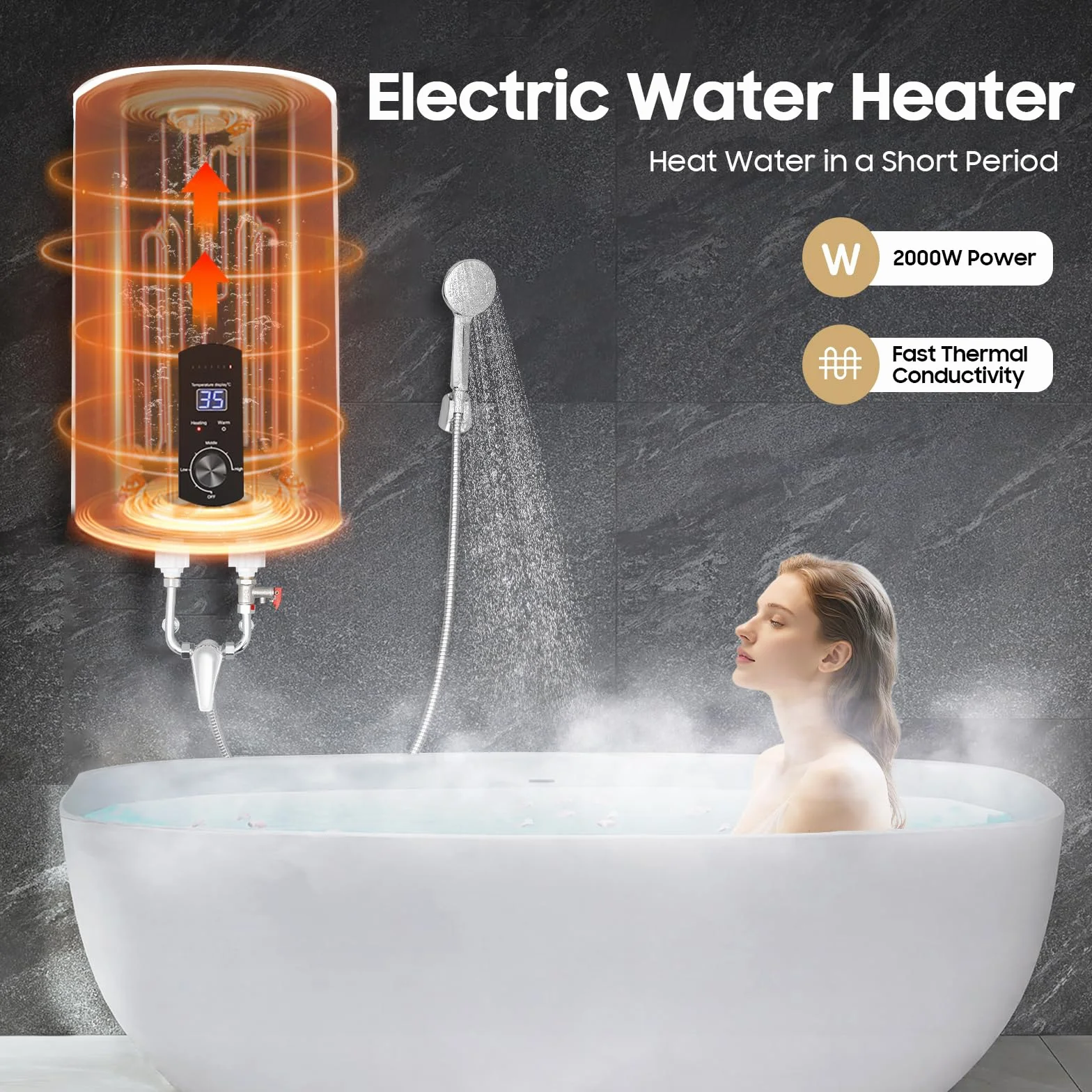 Scaldabagno elettrico ad accumulo | 2000 W elettrico istantaneo | Boiler ad acqua da parete con doccetta e tubi | Intervallo di controllo della temperatura: 25 – 75 °C | Capacità contenitore 30 – 70 L
