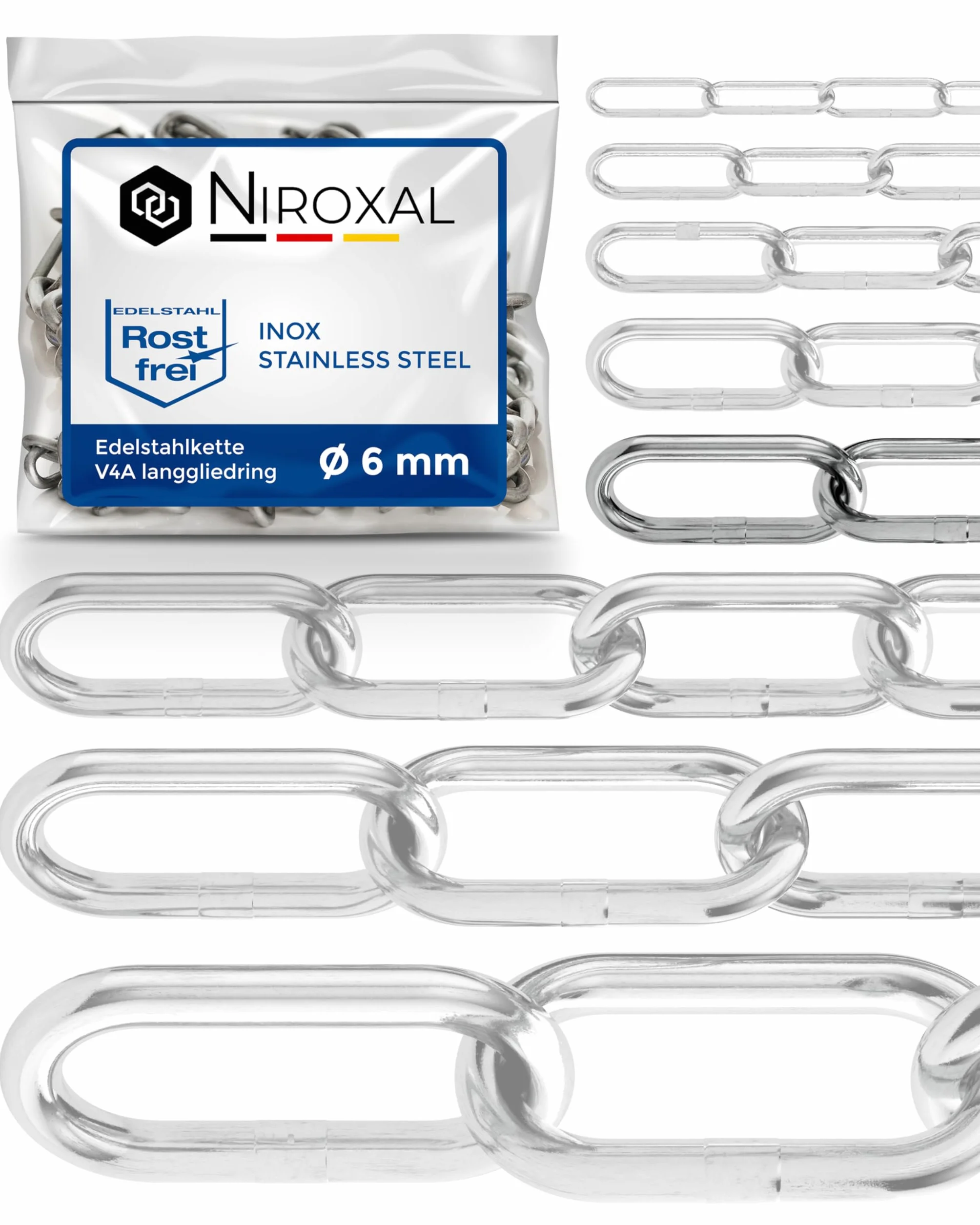 Catena acciaio inox A4 V4A AISI 316 Ø6 mm maglia lunga 20 m – DIN 5685 / DIN 766 – carico di rottura indicativo 1600 kg – confezione 1 pz