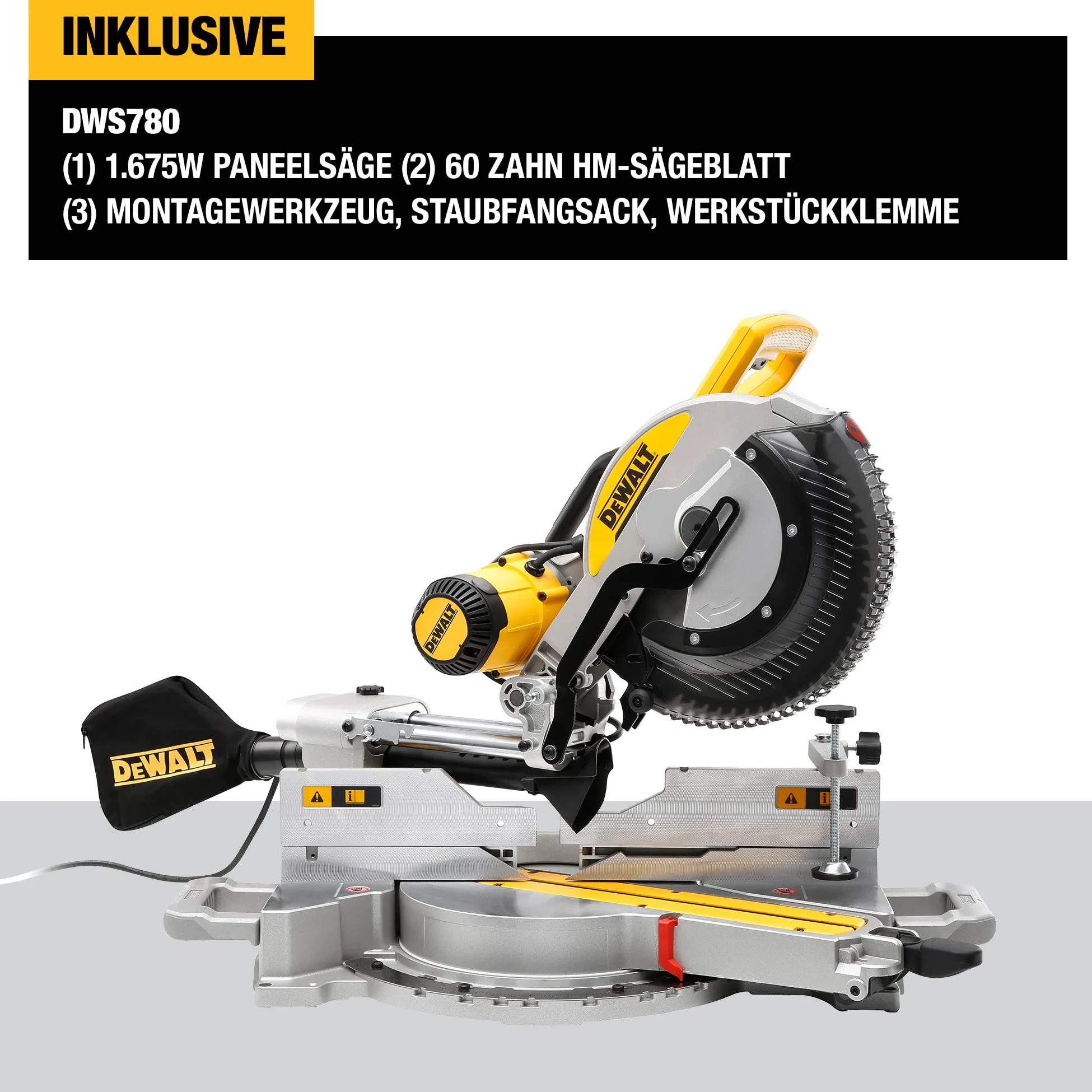 DEWALT DWS780-QS Troncatrice Radiale Doppio Abbattimento della Testa, 1675 W, Giallo/Nero, 305 mm