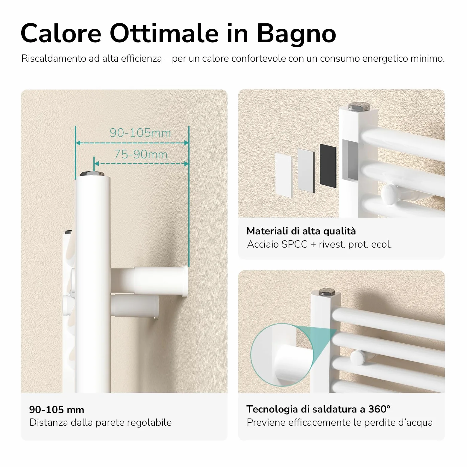 EMKE Scaldasalviette termoarredo, 120 x 50 cm, bianco colore, radiatore scaldasalviette ad acqua calda, termoarredo da bagno con collegamento centrale