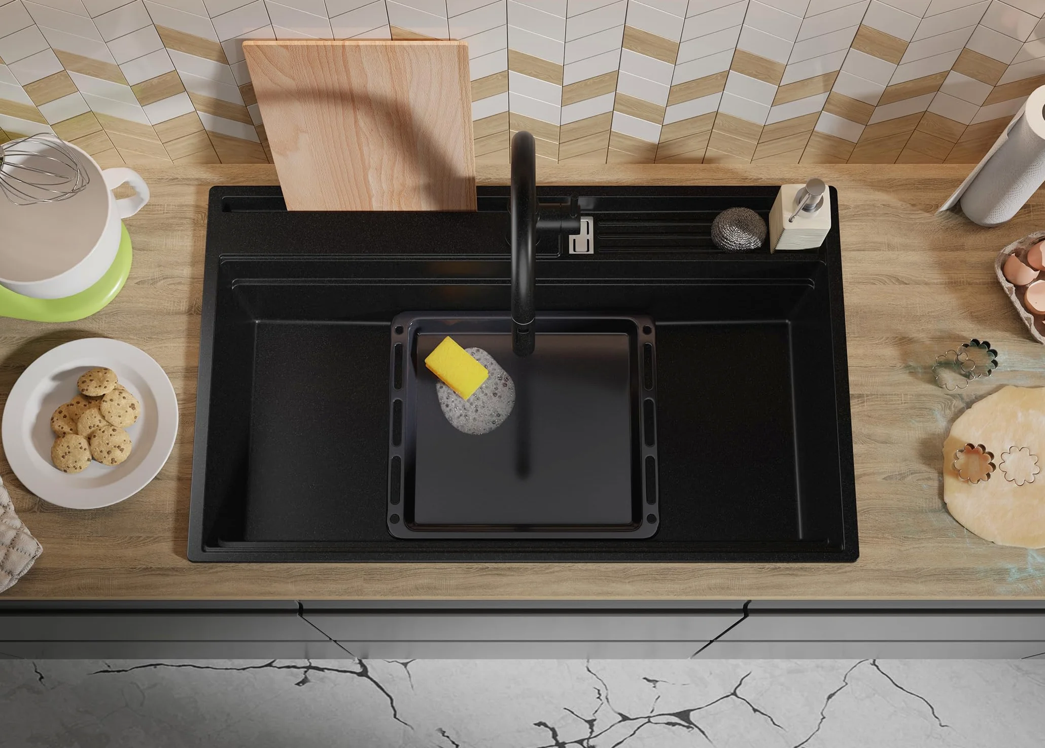 PRIMAGRAN Lavello da Cucina Nero 88x53cm, Lavandino in Granito a 1 vasca + Sifone Classico, Lavabo da Cucina Incasso al Mobile 90cm - Oslo 90 Pocket S455
