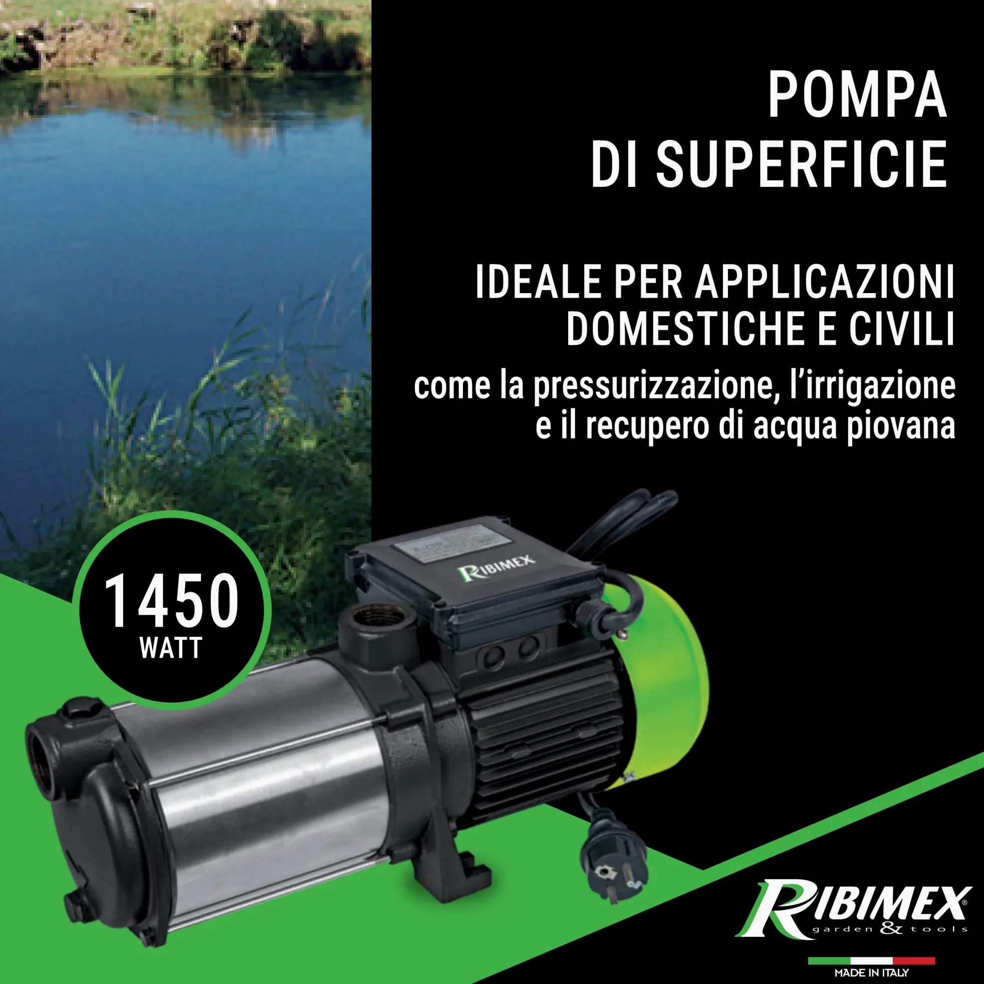 Ribimex Pompa di Superficie Autoadescante Multicellulare 5 Turbine, 1450 W, Portata 5400 L/h, Prevalenza 55 m, Aspirazione Fino a 7 m, Corpo in Inox, Ideale per Pressurizzazione e Irrigazione - PRMCA5