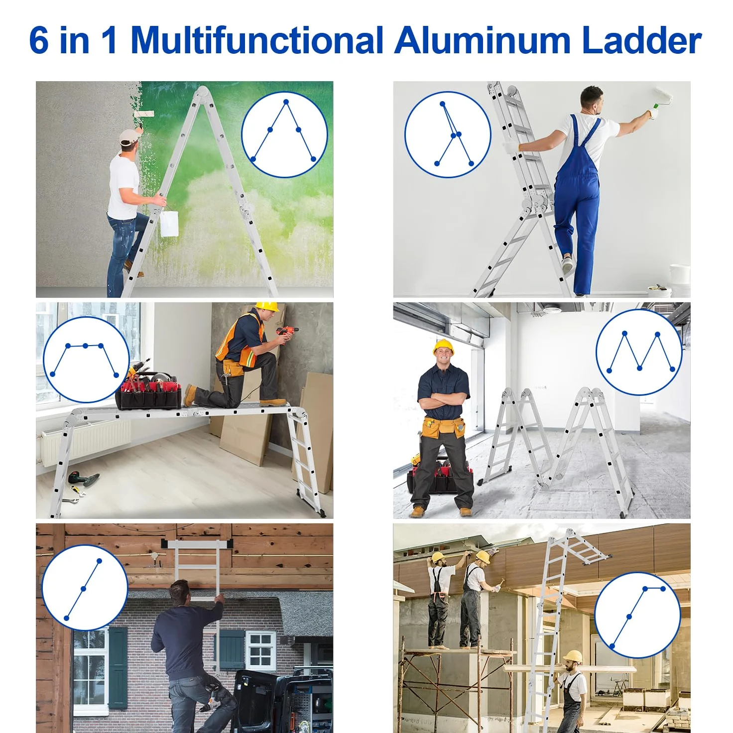 Scala multifunzione 7 in 1 da 5,82 m in alluminio multifunzionale, 4 x 5 gradini scala multifunzionale con 2 piastre di ponteggio e 2 ruote, scala pieghevole scala da lavoro scaletta per uso