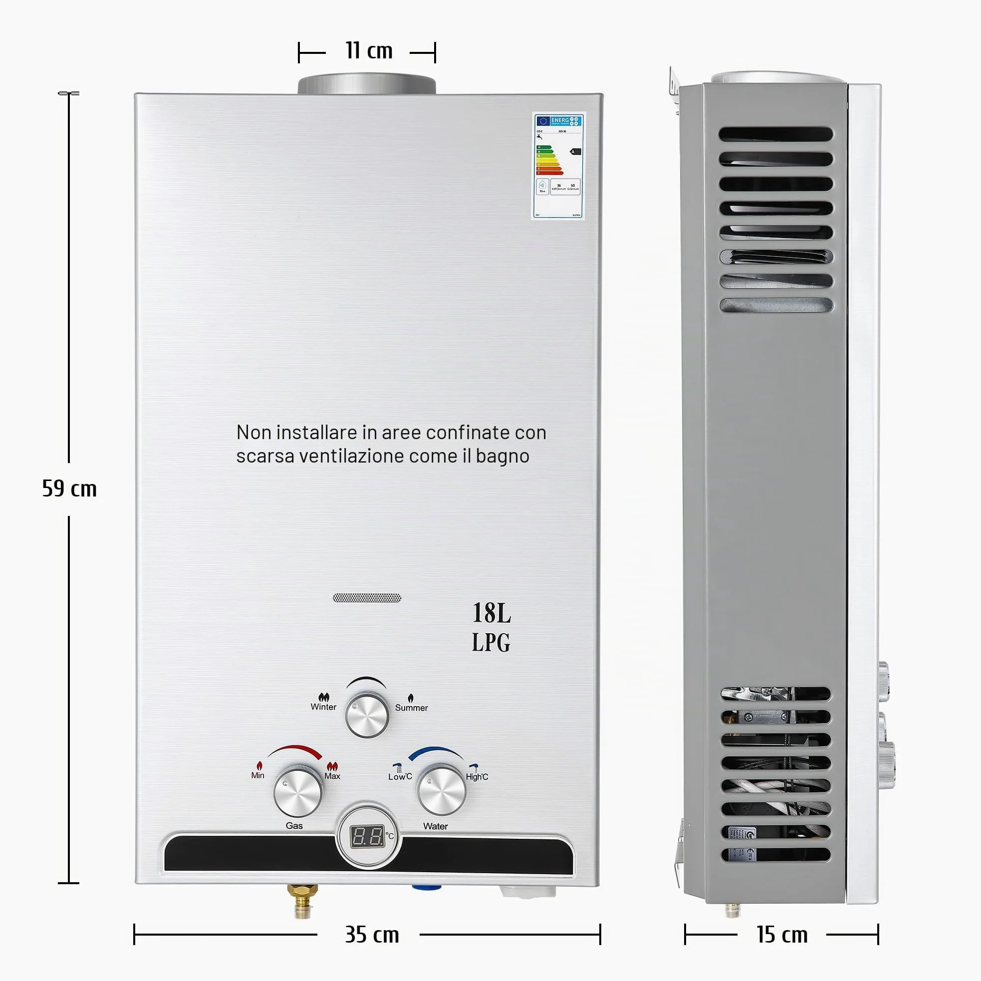 CO-Z 18L/min Scaldabagno a Gas GPL con Modalità Inverno ed Estate 30.6 kW Caldaia a Gas GPL a Parete senza Serbatoio Scaldabagno a Gas Butano con Anima in Rame e Display a LED