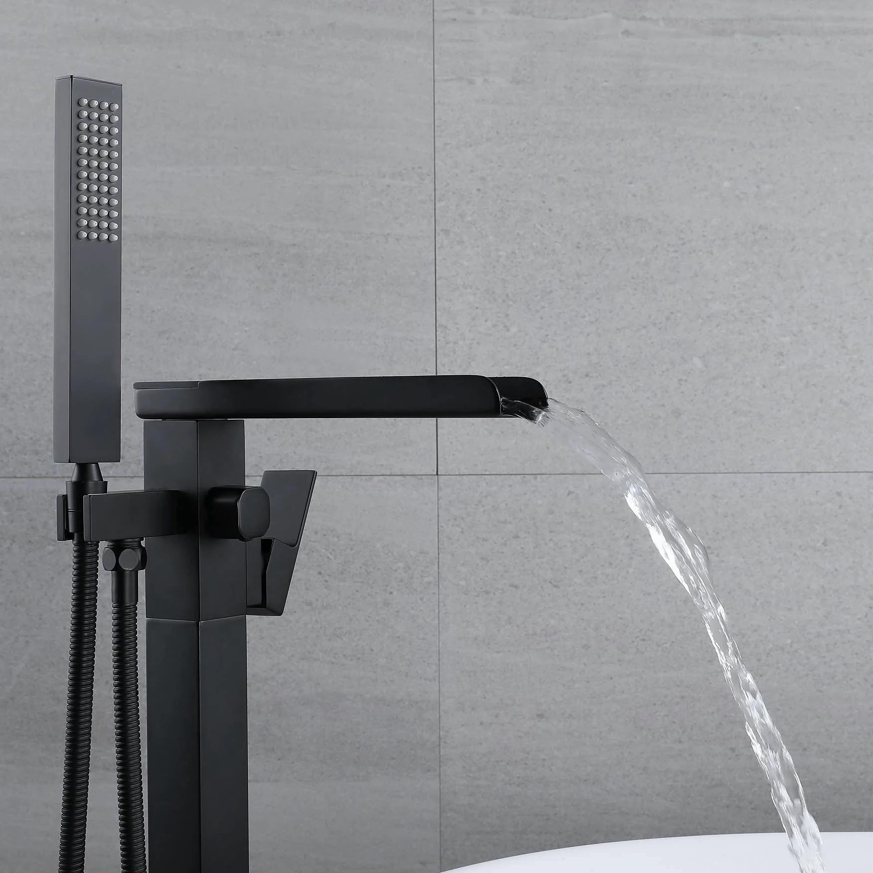 Rubinetto Per Vasca Pavimento In Piedi Da Bagno Con Beccuccio A Cascata E Spruzzatore A Mano,Freestanding Rubinetti Per Vasca, Nero（collegamento interno）