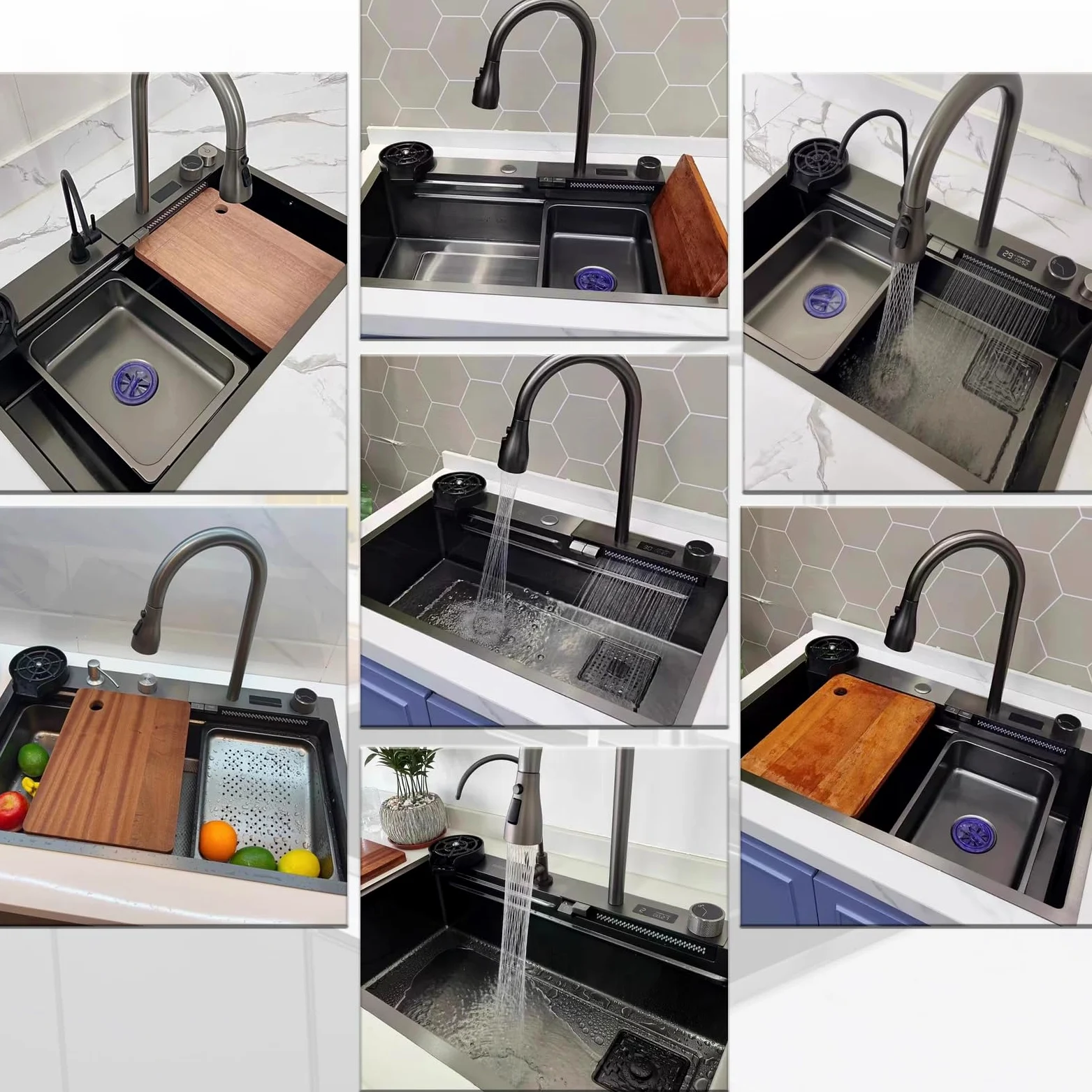 Lavandino Cucina Nero Antracite 85 x 50 cm,Lavello Cucina 1 vasca con LED rubinetto estraibile,Multifunzione Cucina in acciaio inox,Lavabo Cucina con Sifone Antiodore e Kit Scarico Completo