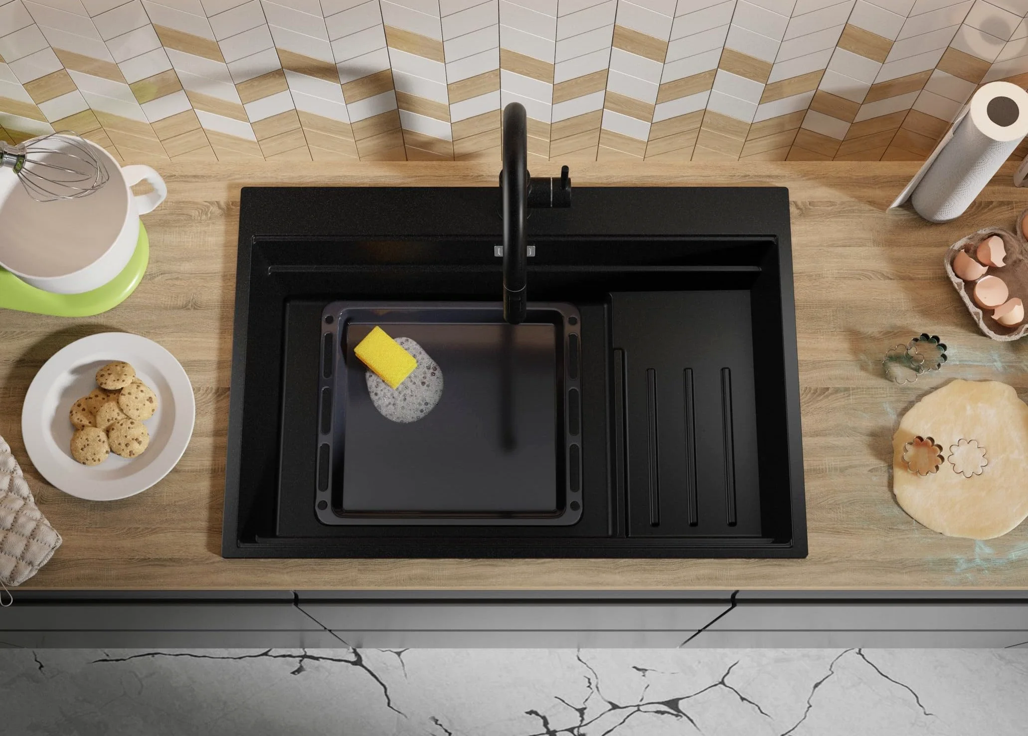 PRIMAGRAN Lavello da Cucina Nero 78x53cm, Lavandino in Granito a 1 vasca + Sifone Classico, Lavabo da Cucina Incasso al Mobile 80cm - Oslo Max Step S095