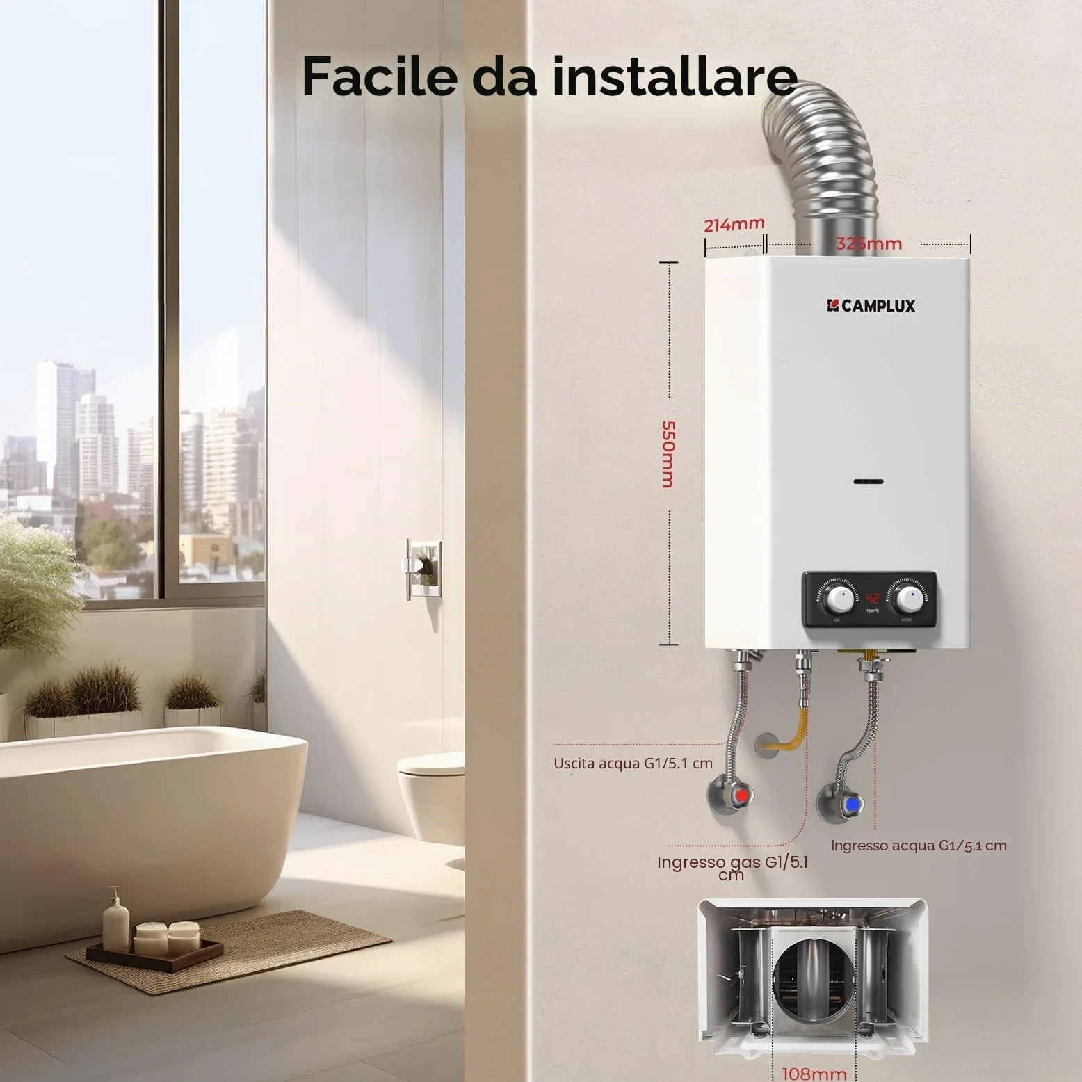 CAMPLUX BD300NG Scaldabagno a Gas 11 Litri, ErP/Low NOx, a Metano, 20mbar, 22kW, 3V, Bianco