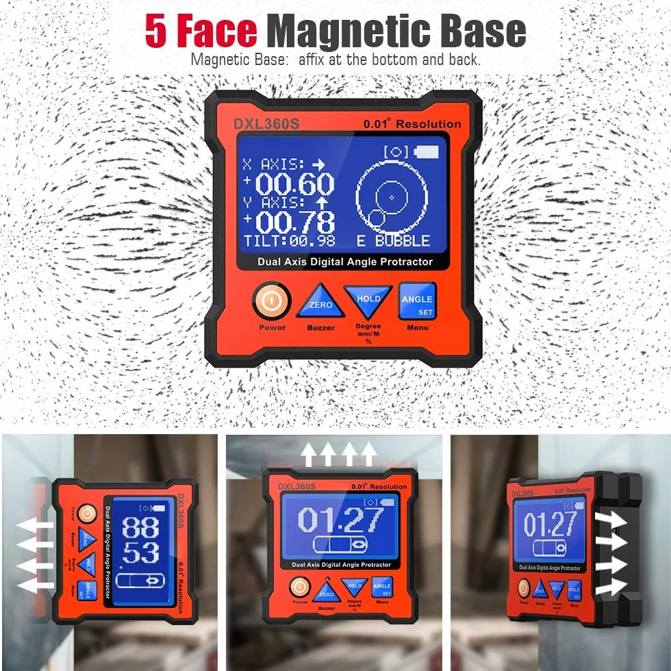 Goniometro Digitale DXL360S Goniometro Digitale Magnetico Inclinometro Digitale 2 Assi Livella Digitale avec Ecran LCD Rétro-éclairé Angolometro Professionale per Falegnameria Edilizia Auto