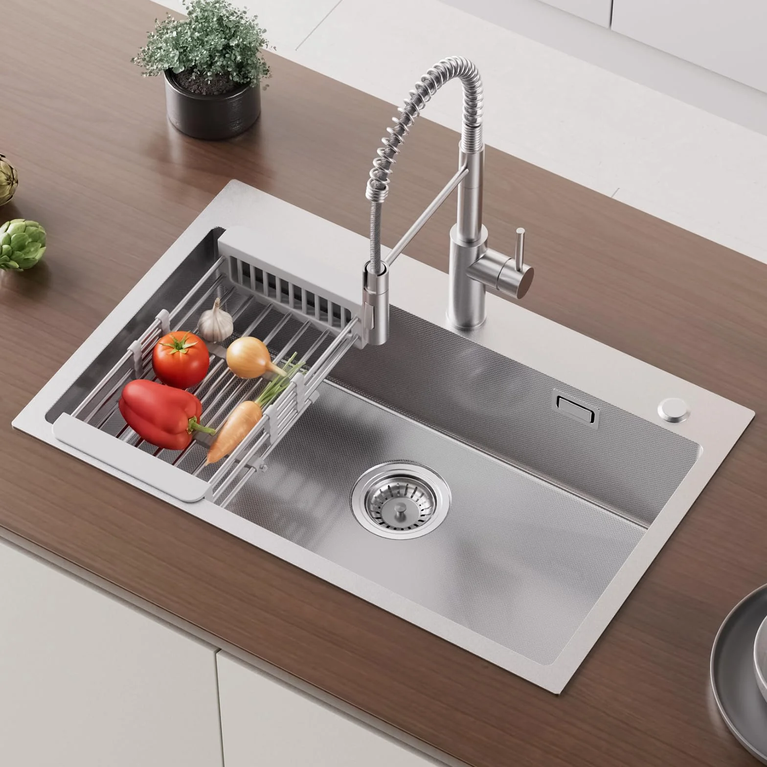 CECIPA 70x45 cm Lavello Cucina con Arco Rubinetto Cucina Estraibile, Lavandino Cucina 1 Vasca in Acciaio Inox con cestello scolapiatti, per Mobile da 70cm