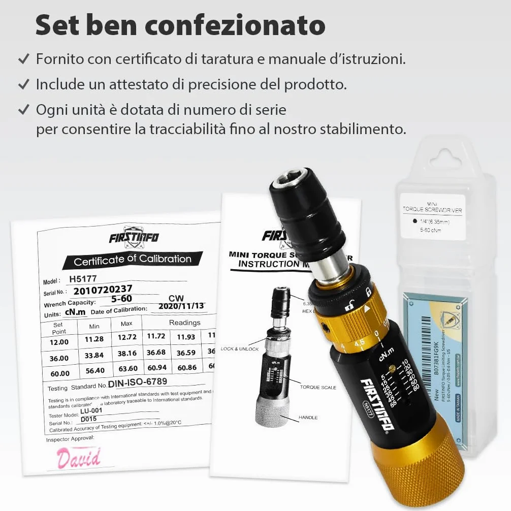 FIRSTINFO H5177 | Cacciavite Dinamometrico di Precisione Certificato | Attacco Rapido Hex 1/4" | Coppia Regolabile 5–60 cNm (0,05–0,6 Nm)
