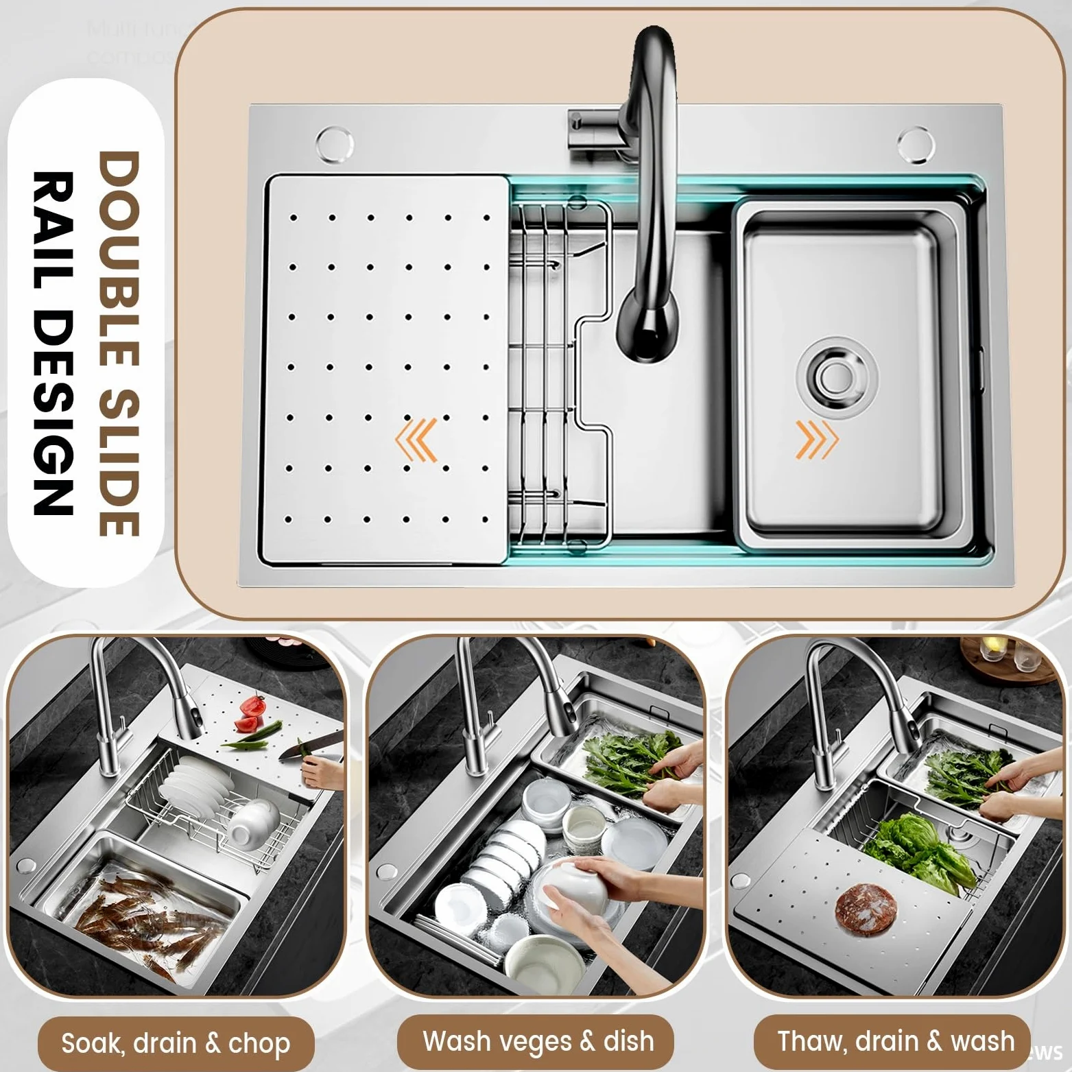 80x50cm Lavello Cucina In Acciaio Inox 304, Con Scolapiatti, Scheda Multifunzione, Filtro a Cestello, Sifone e Set Di Drenaggio, Uscita Di Scarico Destra, Da Incasso e Sottotop, 1 Vasca