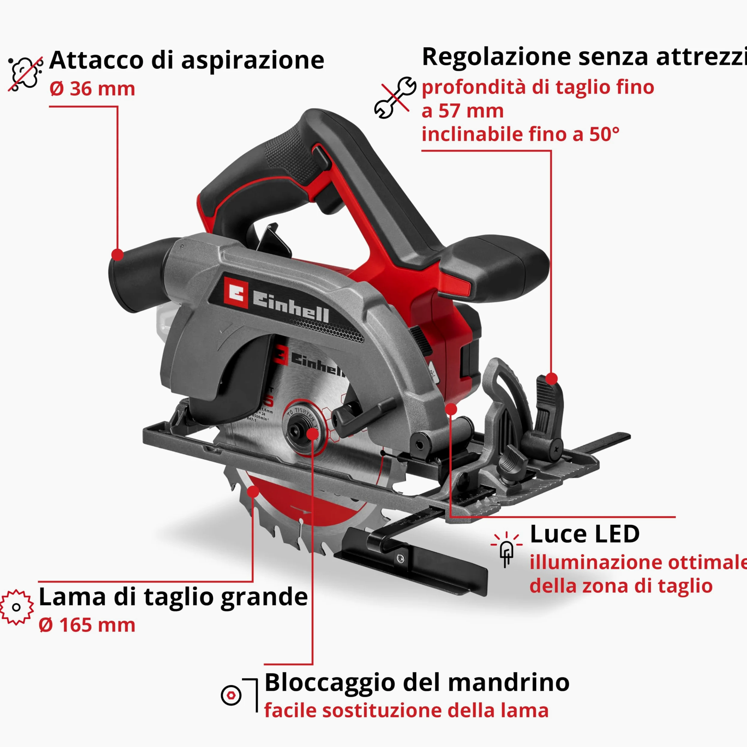 Einhell Professional Sega circolare TE-CS 18/165-2 Li - Solo Power X-Change (18 V, Ø 165 mm, lama, profondità di taglio 57 mm, installazione senza attrezzi, batteria esclusa)