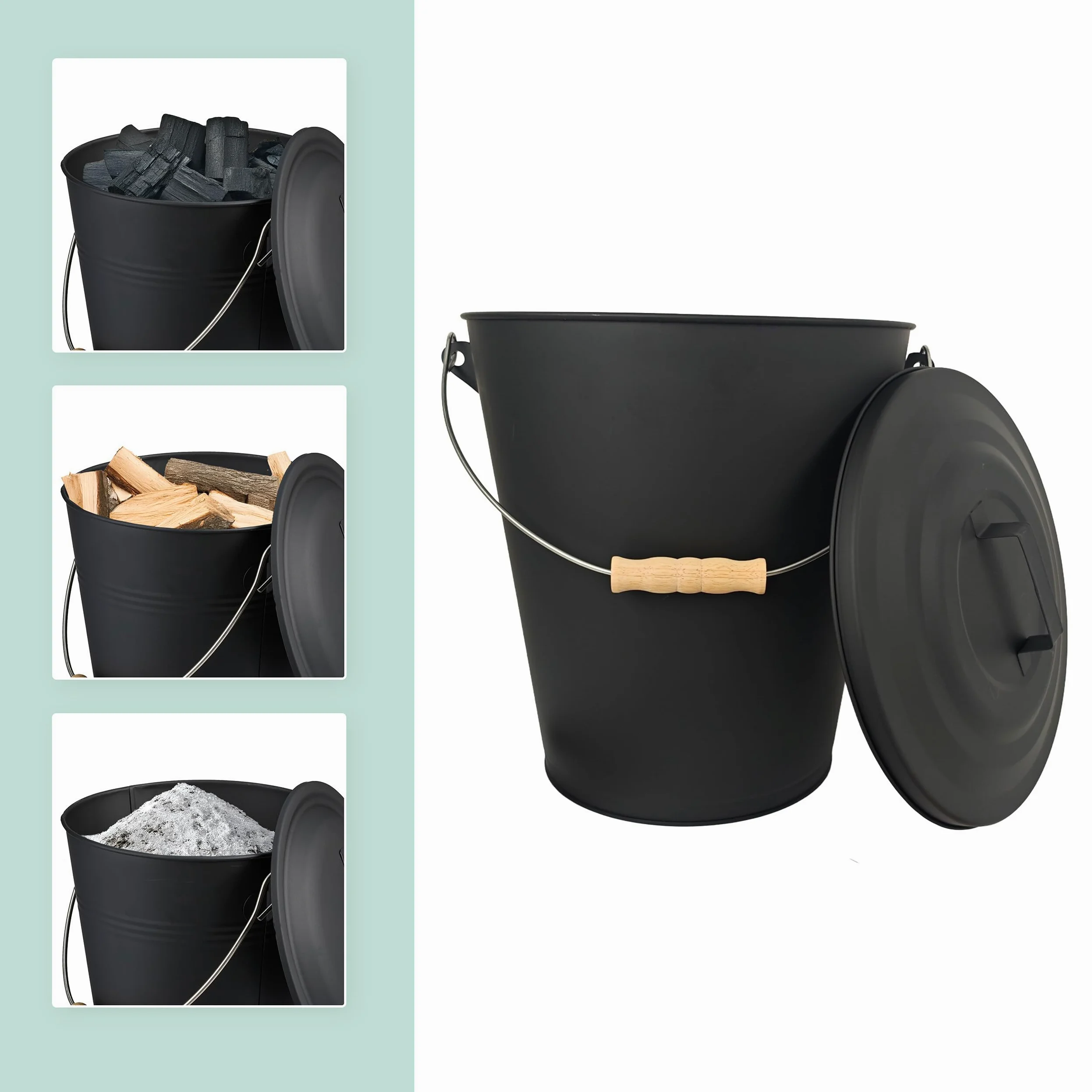 Relaxdays Secchio per Cenere con Coperchio, 24 L, Scopa e Paletta per Camino, Contenitore con Manico, Nero/Naturale