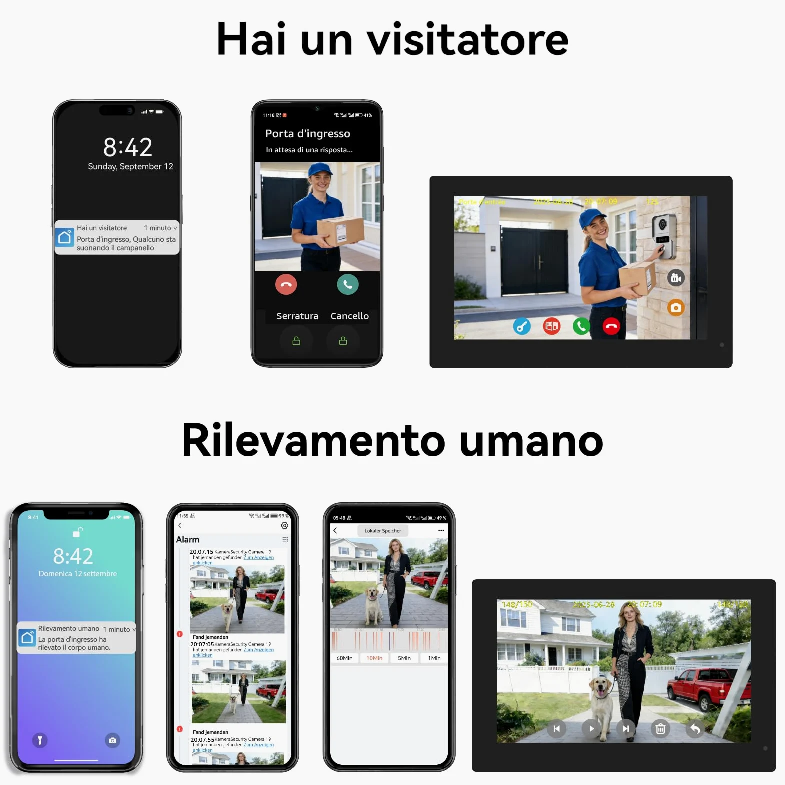 Videocitofono 2 Fili connesso, con fotocamera, versione notturna, vista dal vivo e conversazione, sblocco tramite monitor, 2 monitor da 7" con campanello cablato, per 1 famiglia