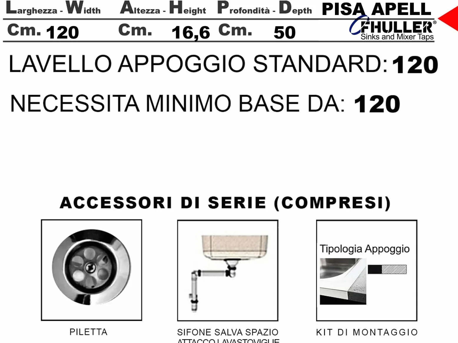 Lavello cucina appoggio Apell mod.Pisa acciaio Inox,cm.120x50, 2 vasche a destra