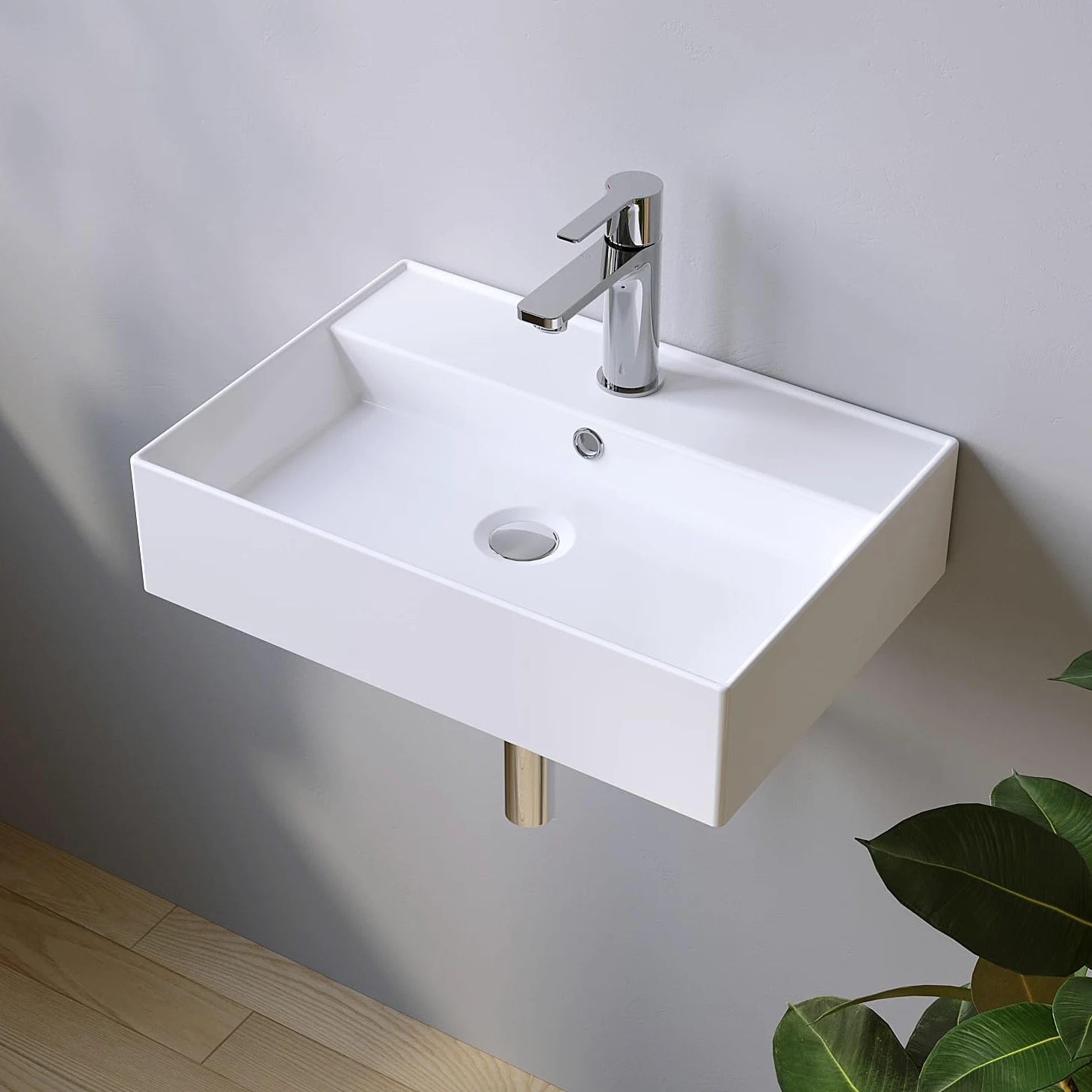Lavabi in ceramica angolare 50 x 35 cm, lavabo a incasso per mobile da bagno, lavabo per bagno degli ospiti, sospeso, lavabo a parete, bianco, con foro per rubinetto, troppopieno, viti di fissaggio
