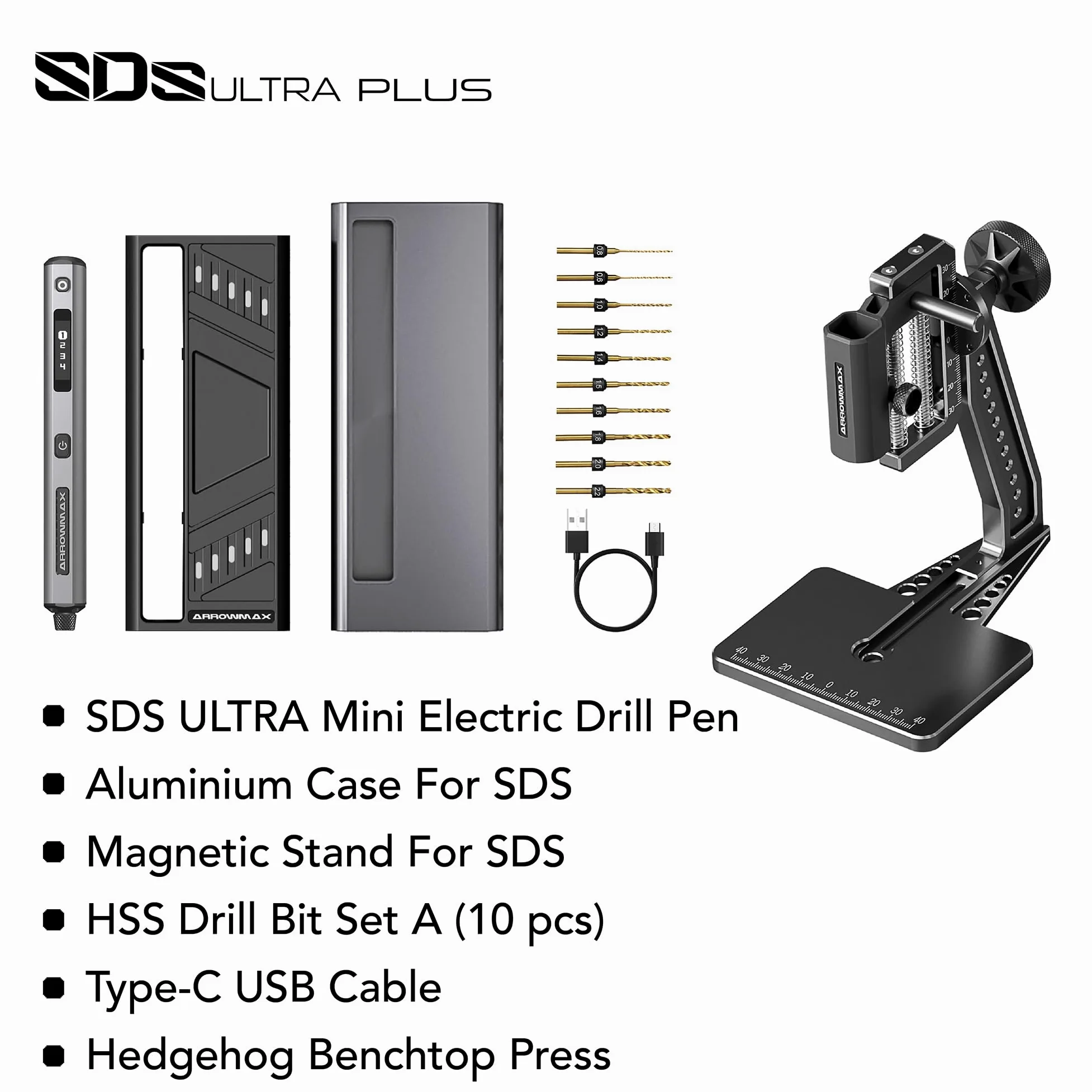Mini trapano elettrico a 4 velocità con pressa da banco Hedgehog, 10 punte piccole ARROWMAX con scatola in alluminio, display OLED, luci LED, mandrino autoserrante da 3/32 pollici (SDS ULTRA PLUS)