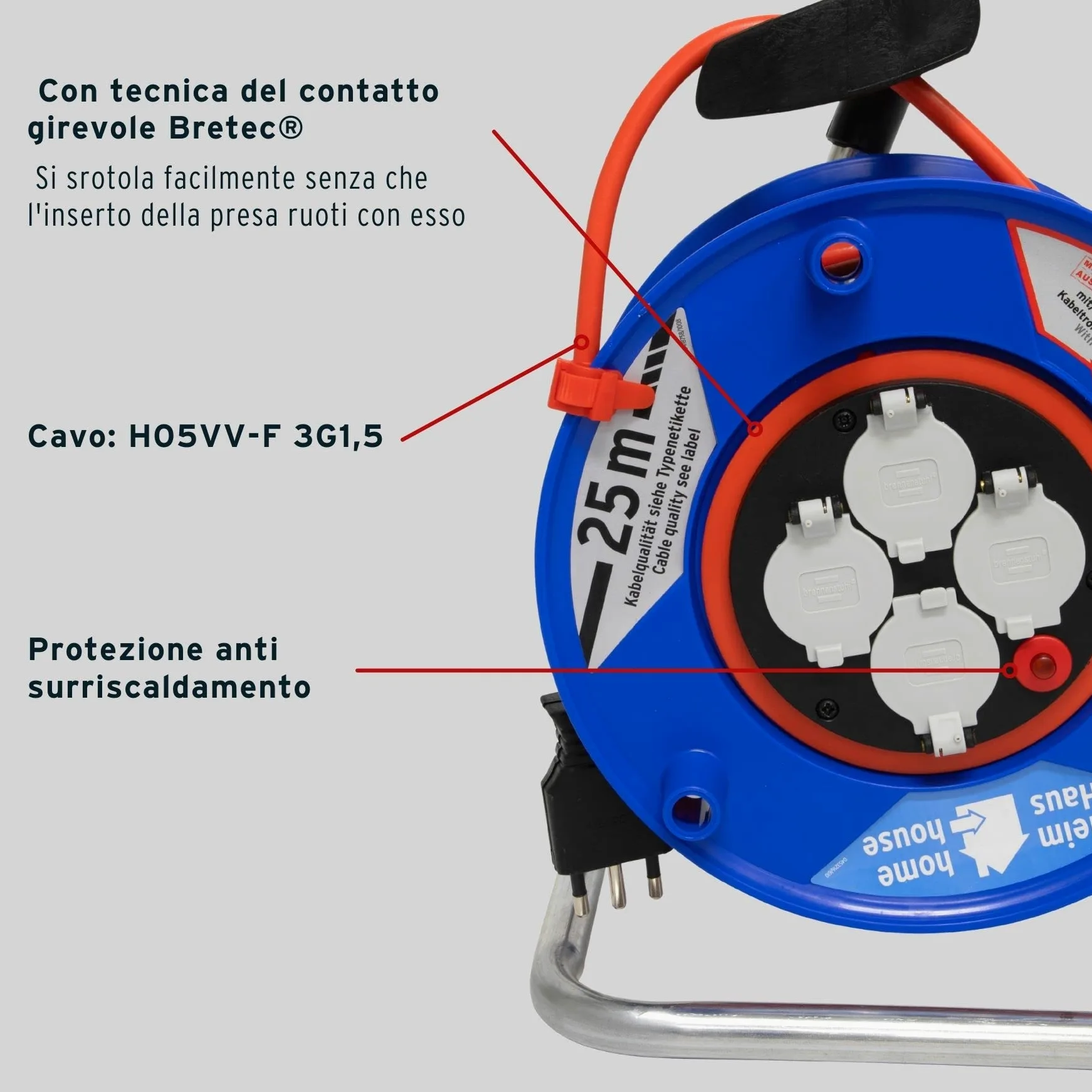 Prolunga Elettrica 25 Metri con Avvolgicavo Brennenstuhl | 4 Prese Elettriche Universali (Schuko + IT 10/16A) | Spina Piatta IT 16A, Cavo 25mt | Cavo H05VV-F 3G1,5 Ideale per Uso Esterno/Giardino