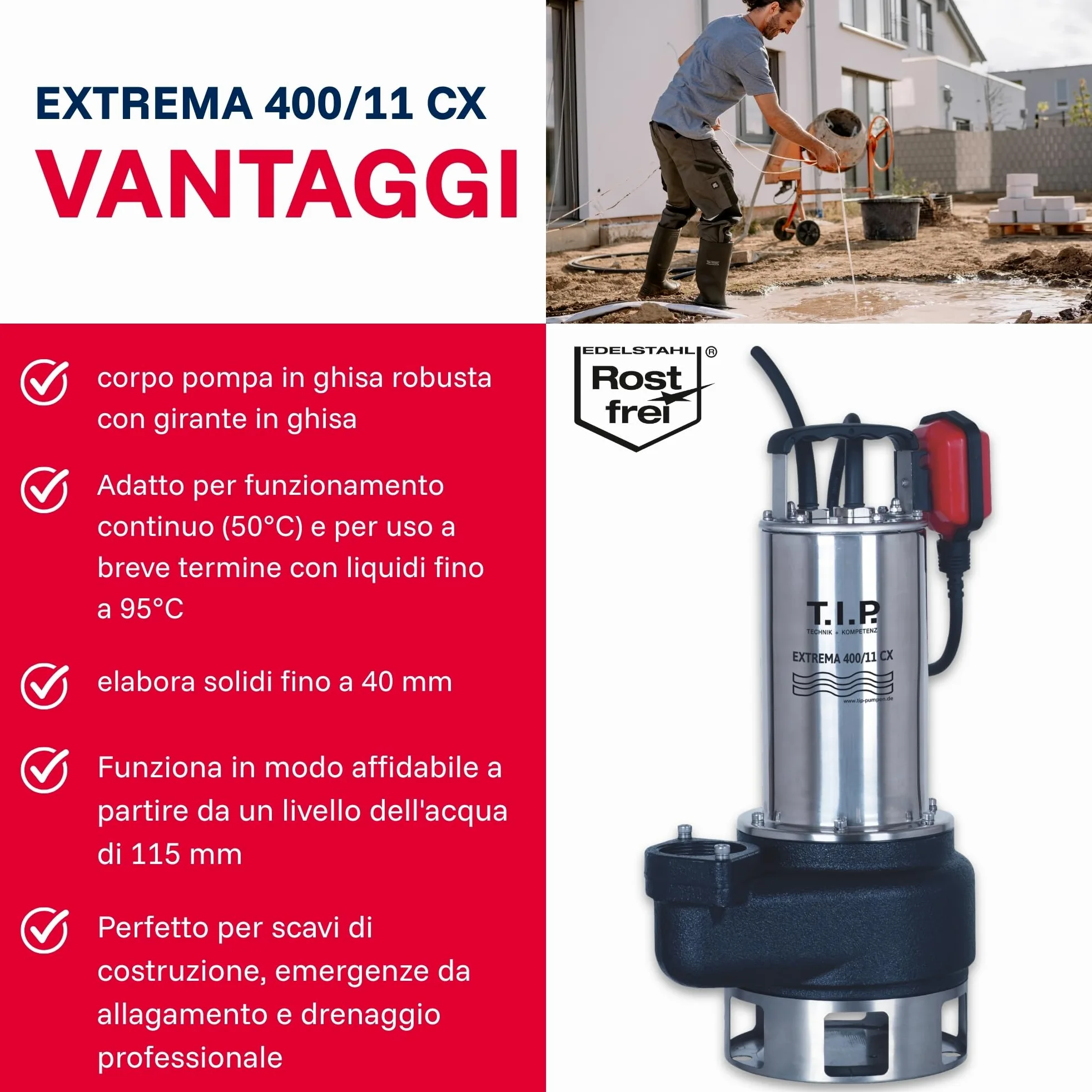 Pompa sommersa professionale per acque sporche T.I.P. - Acciaio inossidabile (portata 42.000 l/h, prevalenza 16 m, pressione 1,6 bar, granulometria 50 mm, acqua di lavaggio) Extrema 700/16-3 IX