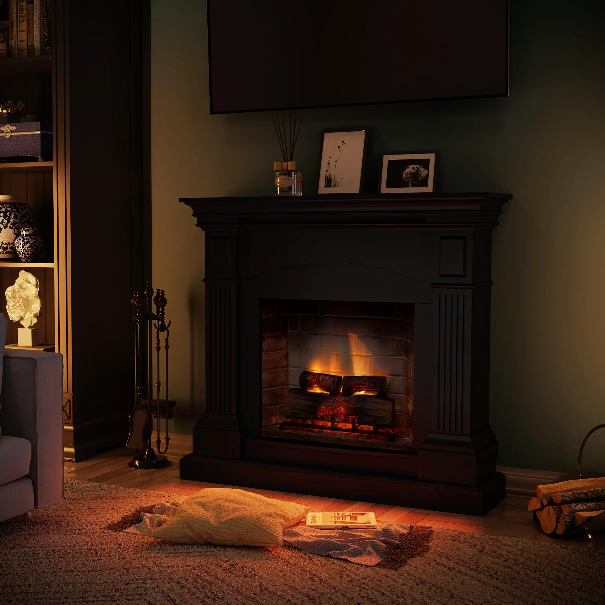 TAGU Magna Camino Elettrico con PowerFlame 2, Riscaldatore e Termostato, Suono Crepitante, Wi-Fi e Luce Ambientale (Nero Profondo)