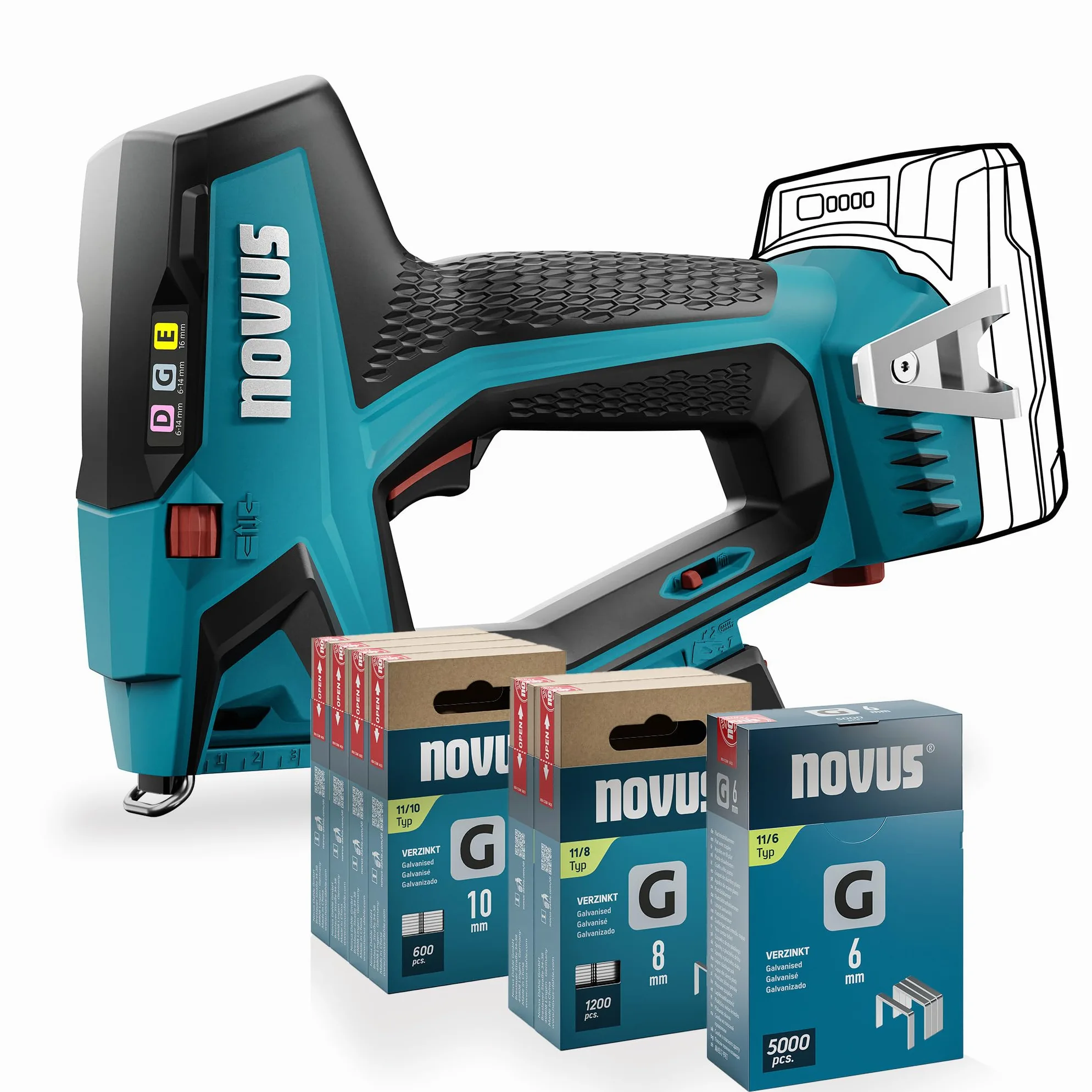 NOVUS TOOLS Set di pinzatrici a batteria J-551 con 9.800 graffette, per morsetti a filo piatto da 6 a 14 mm e chiodi da 16 mm, compatibile con batteria agli ioni di litio CAS da 18 V, senza batteria e