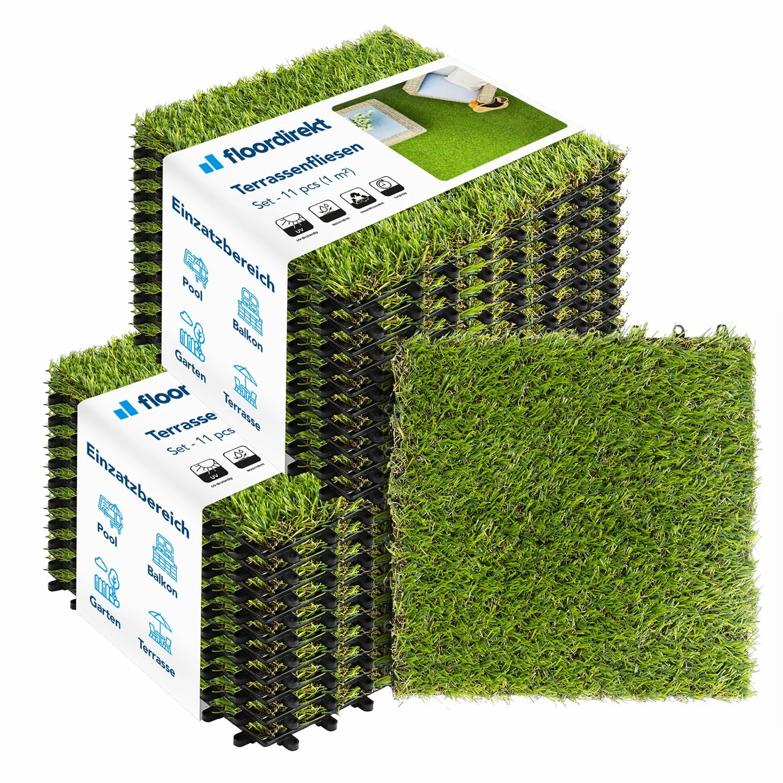 Floordirekt Piastrelle a clic, 30 x 30 cm, 2 m² = 22 piastrelle per terrazze, balconi e terrazze, resistenti alle intemperie, con funzione di drenaggio, erba