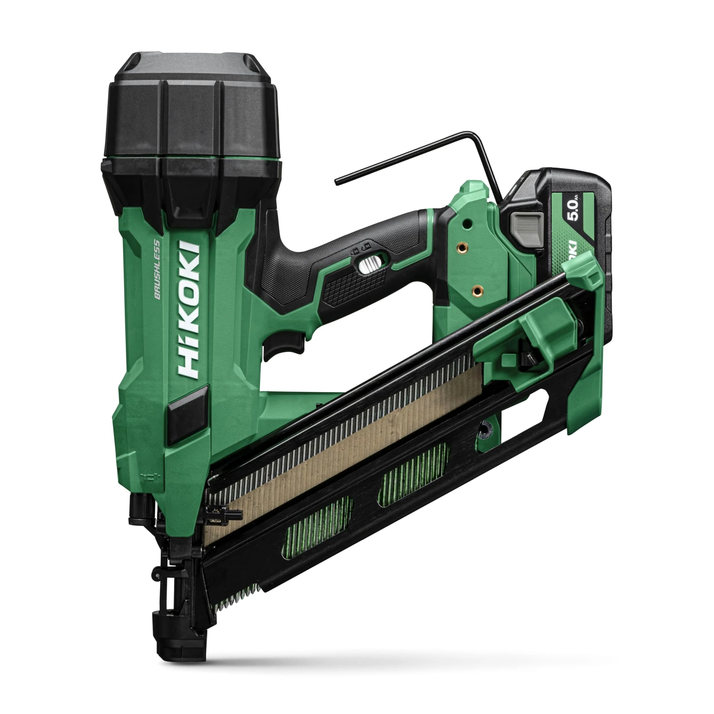 HiKOKI Chiodatrice a batteria 34° - 18 V, chiodi da 50-90 mm - Potente, luce LED, motore brushless, azionamento ad aria, regolazione della profondità senza attrezzi - Incl. 2 batterie 18V/5Ah +