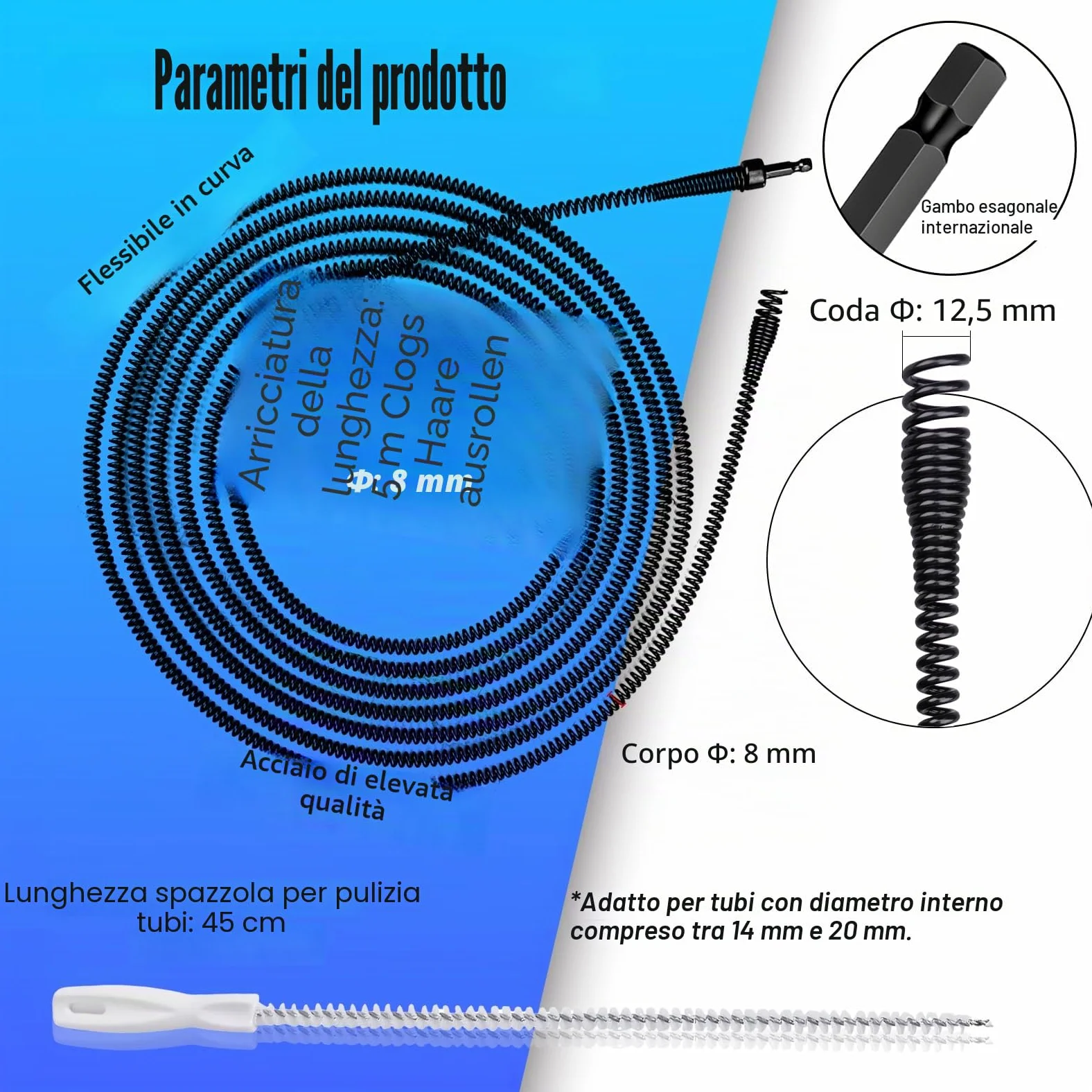 Spirale per la pulizia dei tubi Ø 8 mm x 10 m, con manovella, in acciaio a molla, spirale di scarico per la pulizia dei tubi, spazzola di scarico per ostruzioni difficili da rimuovere - Procedura di