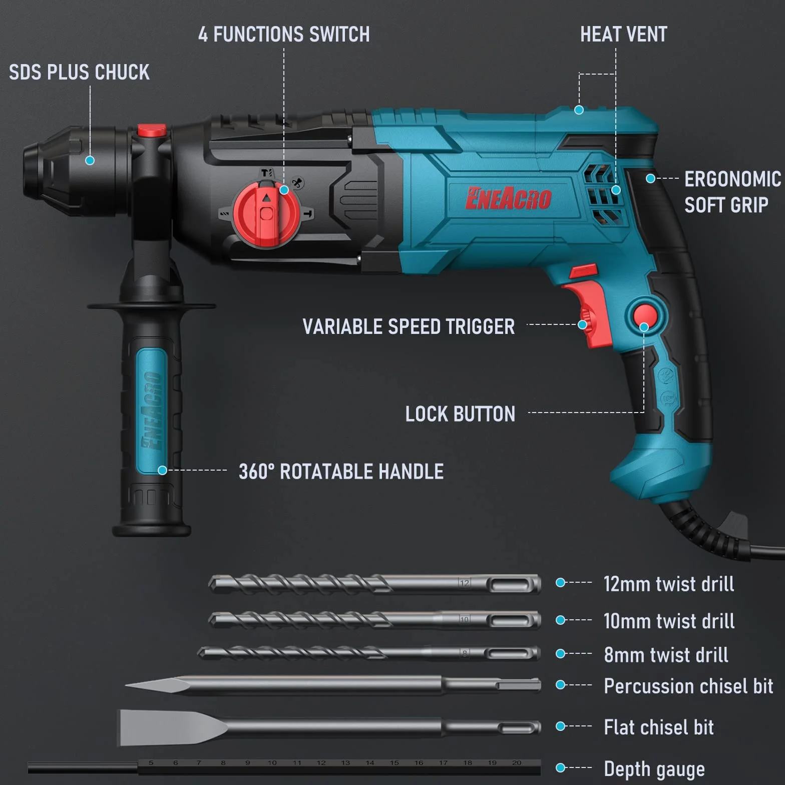 ENEACRO Martello Perforatore SDS-Plus, 6 Velocità Variabili con 4 Funzioni, Frizione di Sicurezza, Capacità di Foratura di 26 mm nel Calcestruzzo - Include 3 Punte, 2 Scalpelli e Cassette