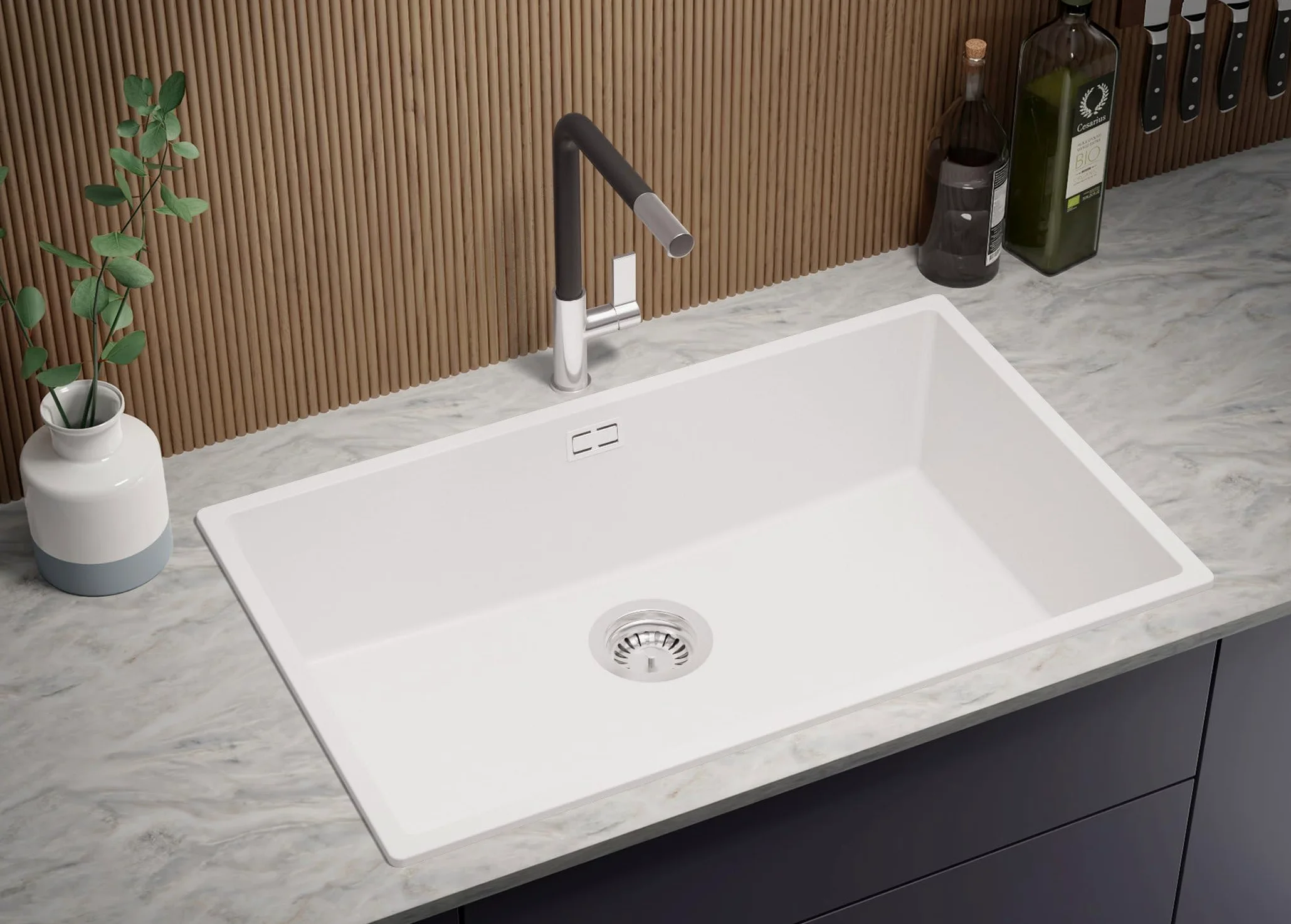 PRIMAGRAN Lavello da Cucina Bianco 76x47cm, Lavandino in Granito a 1 vasca + Sifone Classico, Lavabo da Cucina Incasso al Mobile 80cm - London Slim S478