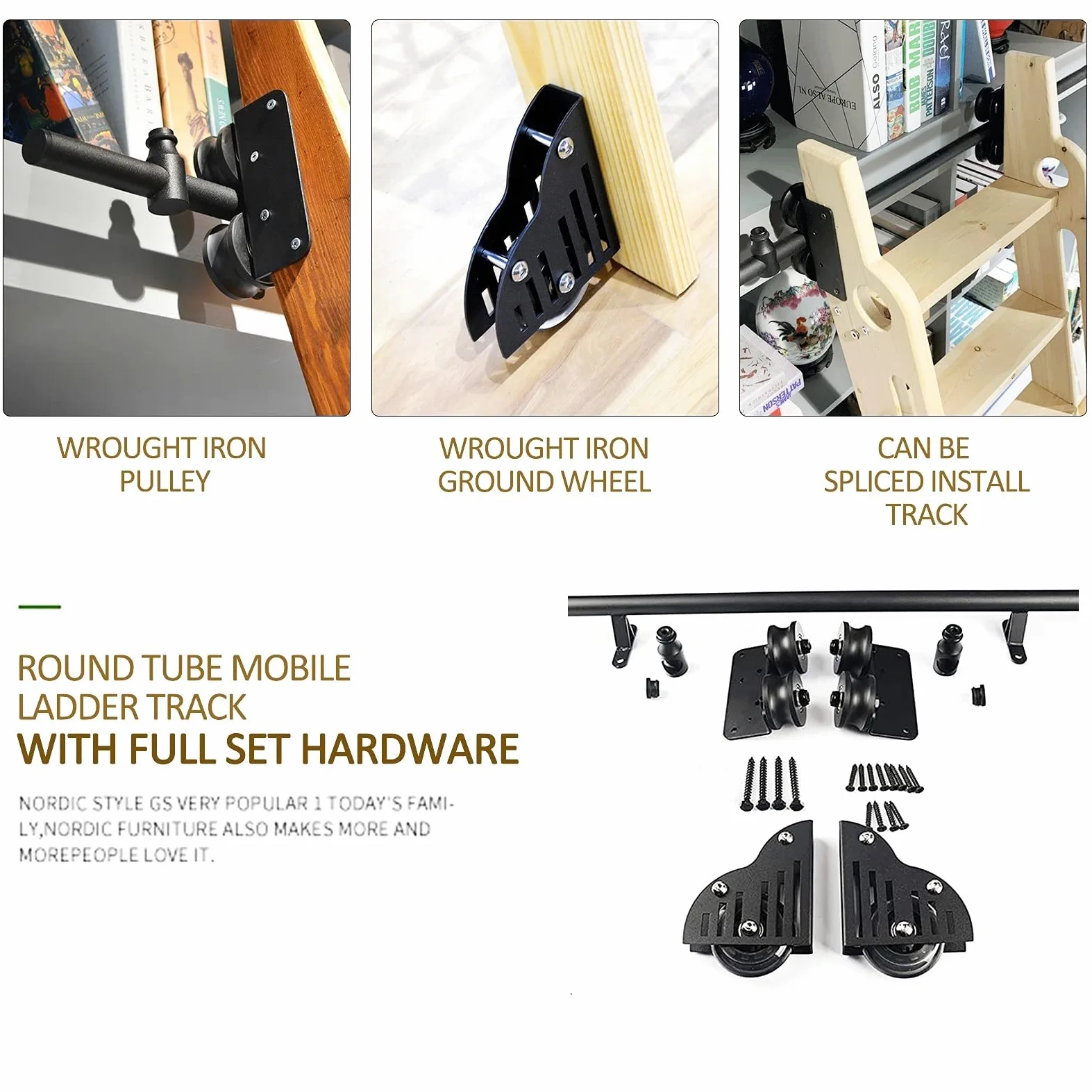 Kit Hardware per Scala Scorrevole, libreria Hardware per Scala Mobile Retrattile Binario di Scorrimento per Scala Mobile con Rullo da Pavimento in Acciaio Resistente
