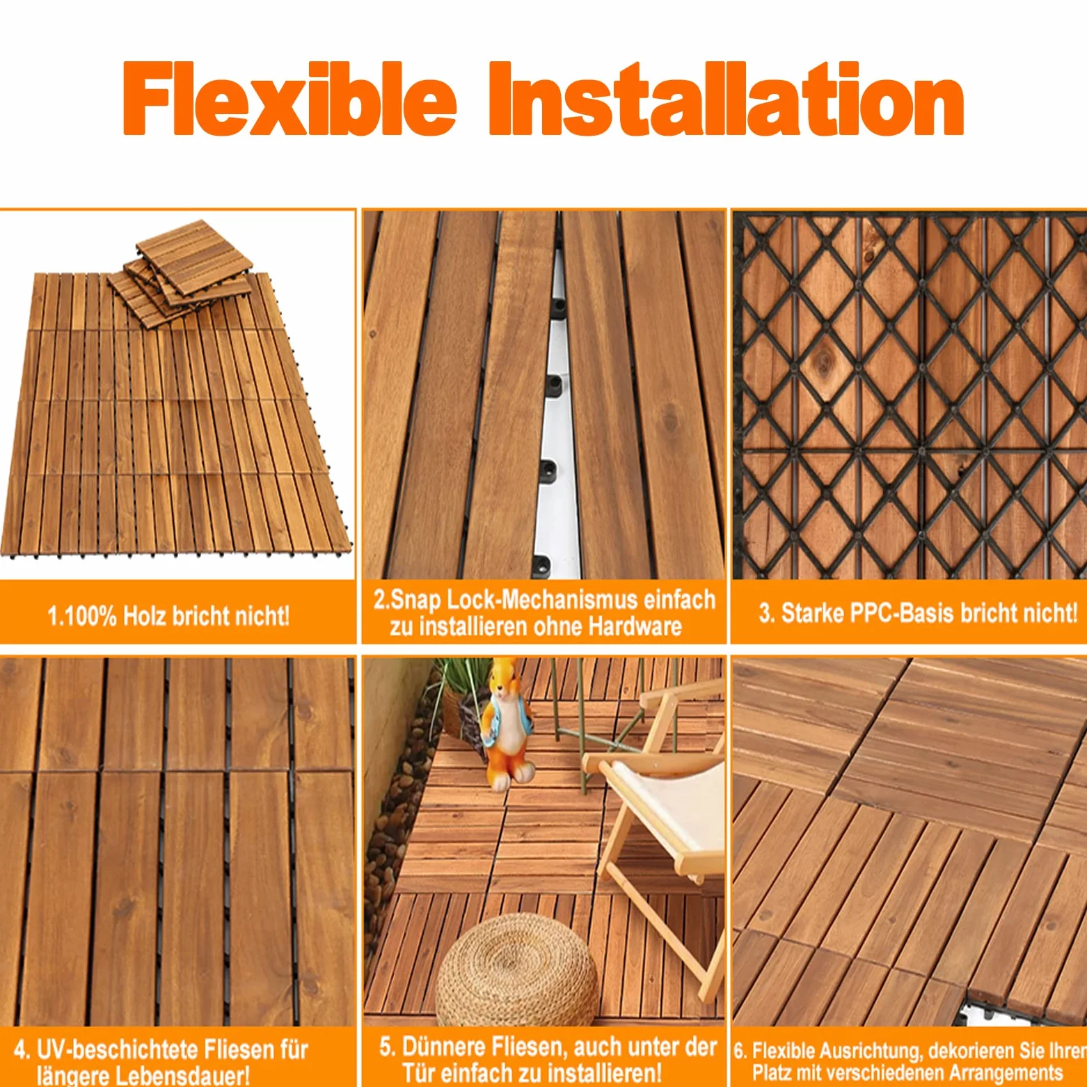 Piastrelle in legno, 55 pezzi, in legno di acacia, 30 x 30 cm, 11 piastrelle per 1 m², per esterni, interni, balcone, con sistema di drenaggio e fissaggio a incastro, marrone