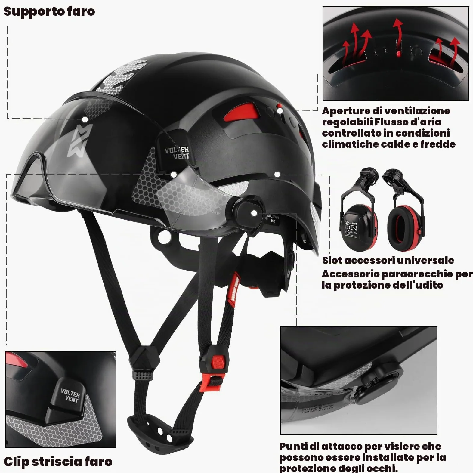 HEARMOR Casco protettivo 3 in 1 con protezione dell'udito e visiera, casco da lavoro certificato EN 397 per lavori di foresta, costruzione e arrampicata, con tasca portatile e inserto rinfrescante per