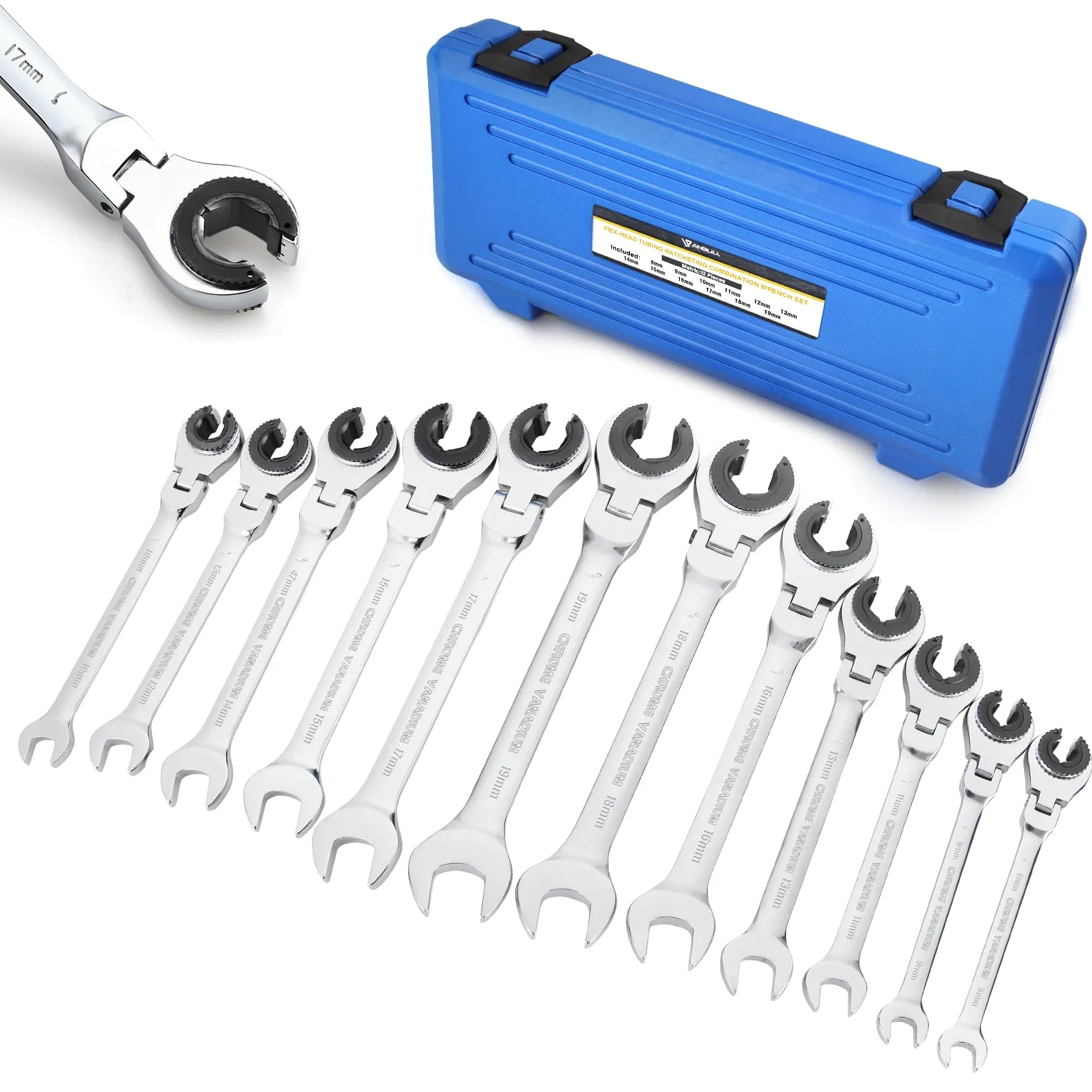 Anbull Chiave a cricchetto con testa flessibile, a doppia estremità aperta Metrico 8mm a 19mm, 72 denti con testa regolabile di 180, Cr-V, Ratcheting Wrench Set, Con custodia per il trasporto