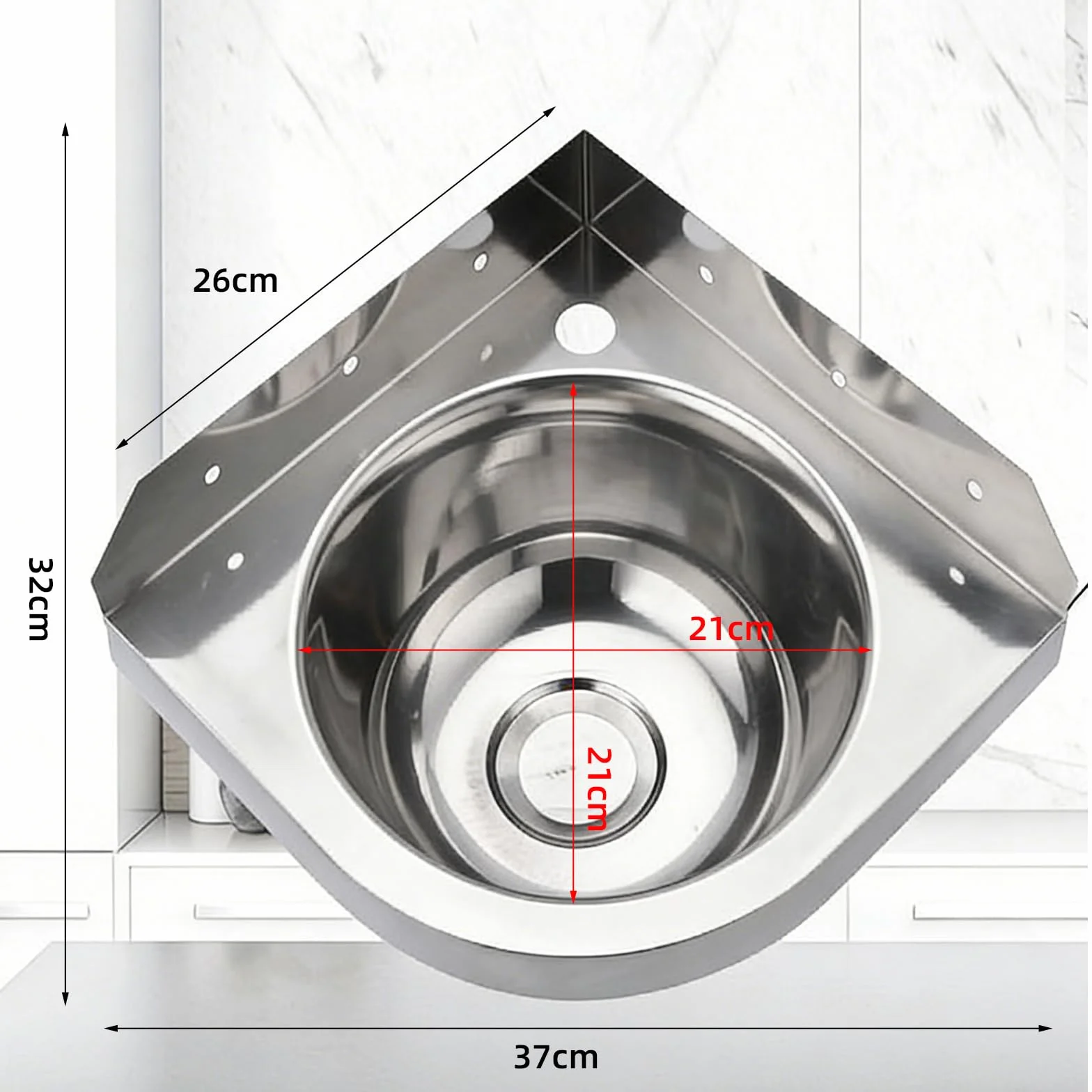 Lavabo ad Angolo in Acciaio Inox, Lavabo da Parete Triangolare, Lavello in Acciaio Inox con Rubinetto Acqua Calda e Fredda, Salvaspazio per Bagno, Camper, Barca, WC, Garage