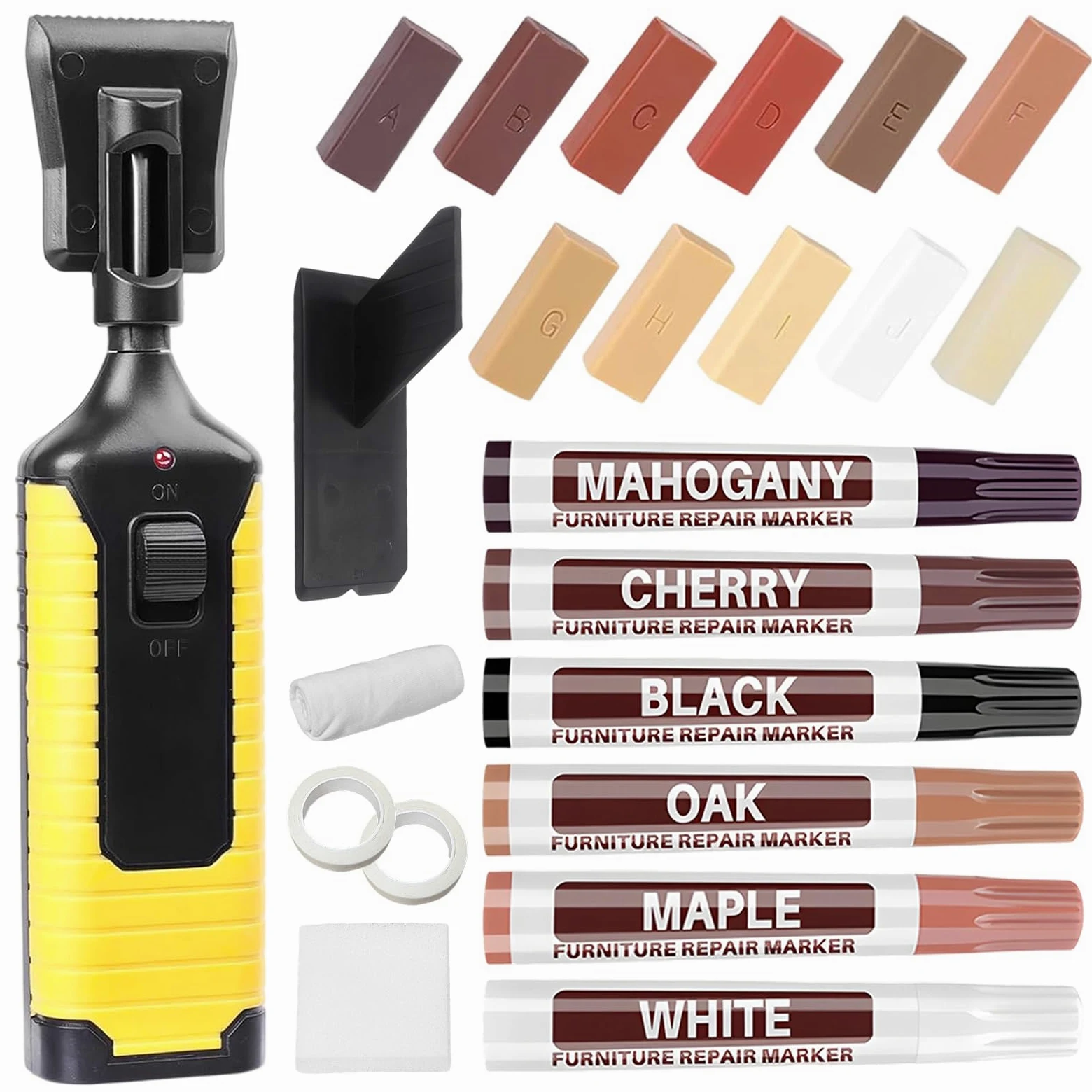 Set Di Riparazione per Piastrelle, Kit Riparazione Piastrelle con 11 Colori Cera Dura, 6 Pennarelli Riparazione Mobili, Pennarello Fondente e Accessori, Stucco Legno per Laminato, Mobili, Piani Lavoro