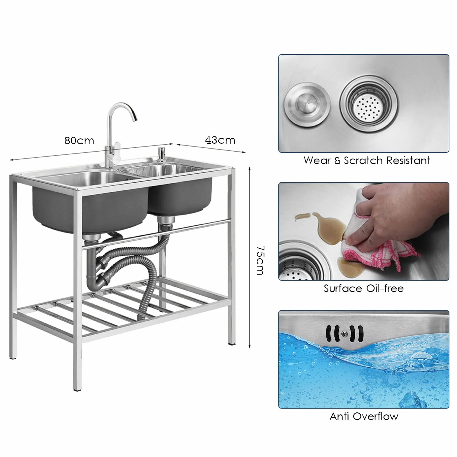 Lavello da cucina a doppia vasca, in acciaio inox 304, con ripiano portaoggetti, lavello autoportante per esterni, con rubinetto, per lavanderia, 83 x 44 x 85 cm