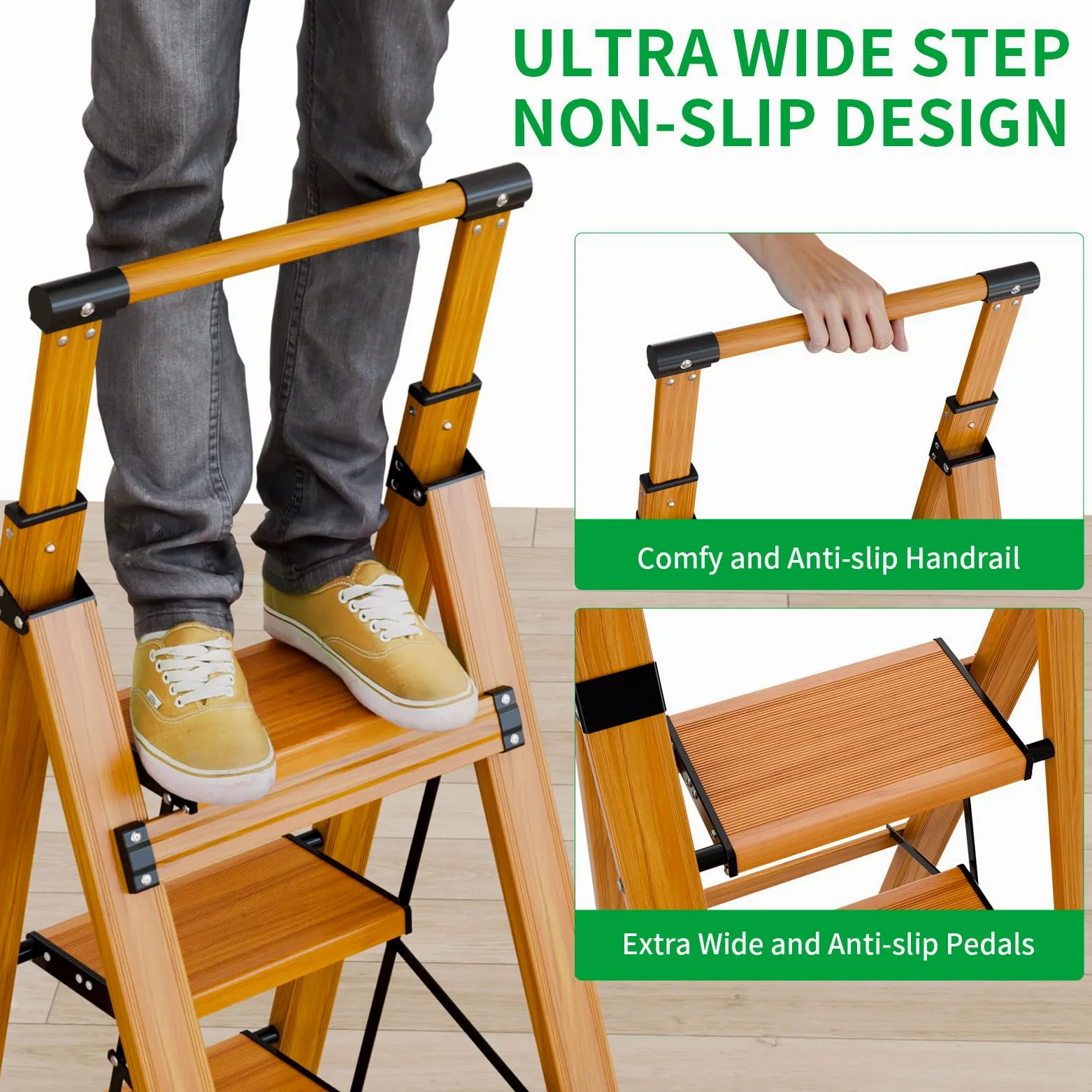 KULACO Scala multifunzione a 3 gradini antiscivolo, venature in legno, alluminio, fino a 150 kg