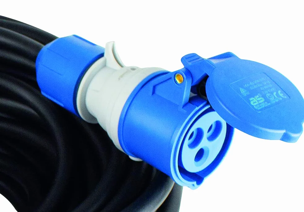 as - Schwabe Cavo di prolunga da campeggio, 25 m, 230 V, 16 A, 3 poli, spina CEE con indicatore di tensione, accoppiamento CEE con coperchio ribaltabile, prolunga per camper, prodotto in Germania,