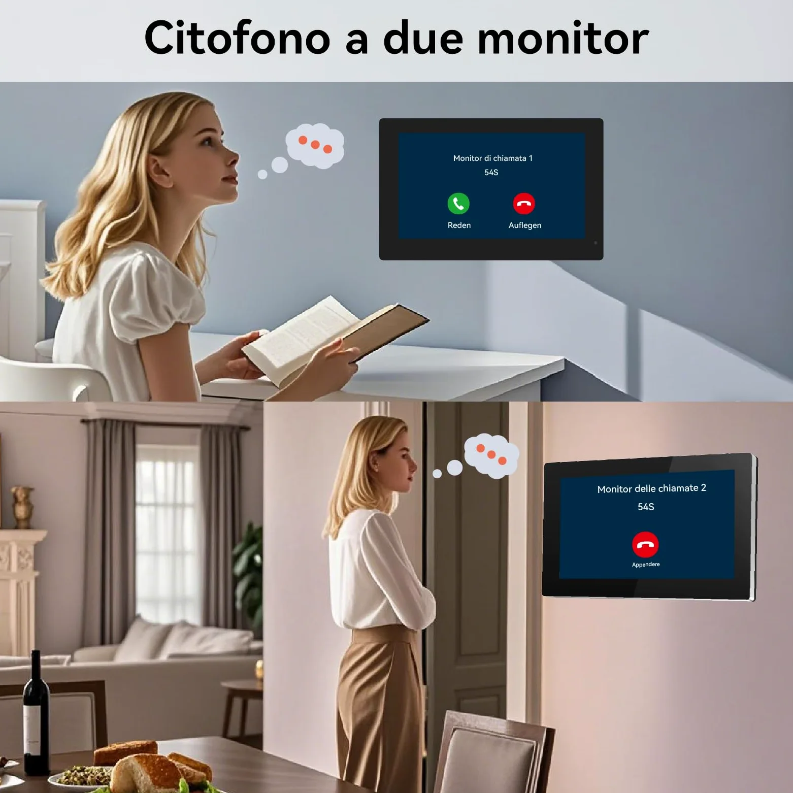 Videocitofono 2 Fili connesso, con fotocamera, versione notturna, vista dal vivo e conversazione, sblocco tramite monitor, 2 monitor da 7" con campanello cablato, per 1 famiglia