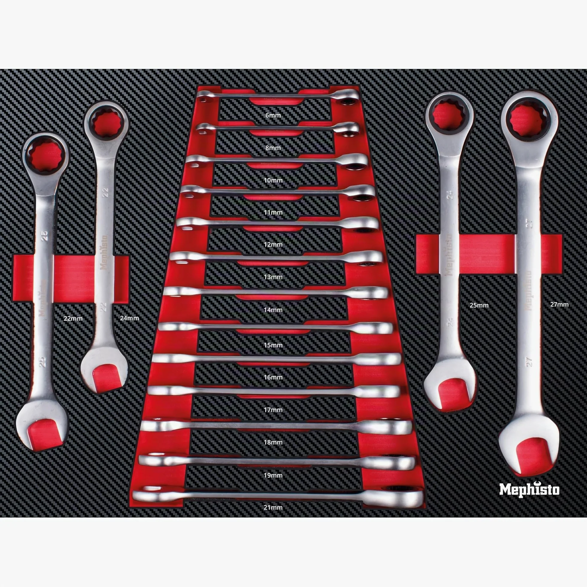 Mephisto 7 inserti con utensili come set di cricchetti, chiave ad anello a cricchetto, chiave ad anello con funzione di cricchetto, chiave a cricchetto, metrica, in inserti morbidi