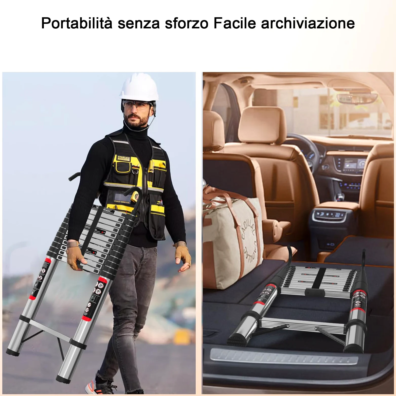 Scala Telescopica 5 Metri con Gancio, Scala Pieghevole Portatile con Piedini Antiscivolo, Estensibile & Altezza Regolabili, Scale Allungabile per Casa, Giardino, Coperture e Camper