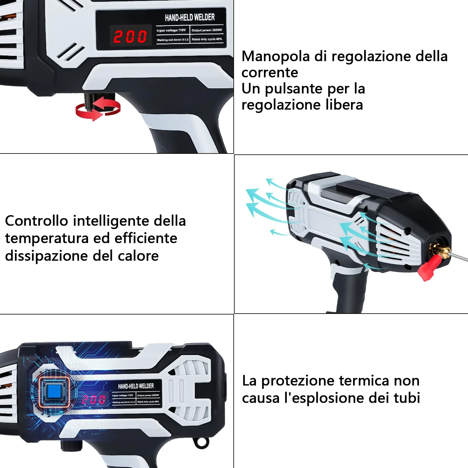 Saldatrice Portatile, 200A Saldatrice a Elettrodo con Inverter IGBT, Saldatore ad Arco per Barre di Saldatura 1,6 mm - 3,2 mm, Salda Facilmente Acciaio Ferro Acciaio Al Carbonio Leghe