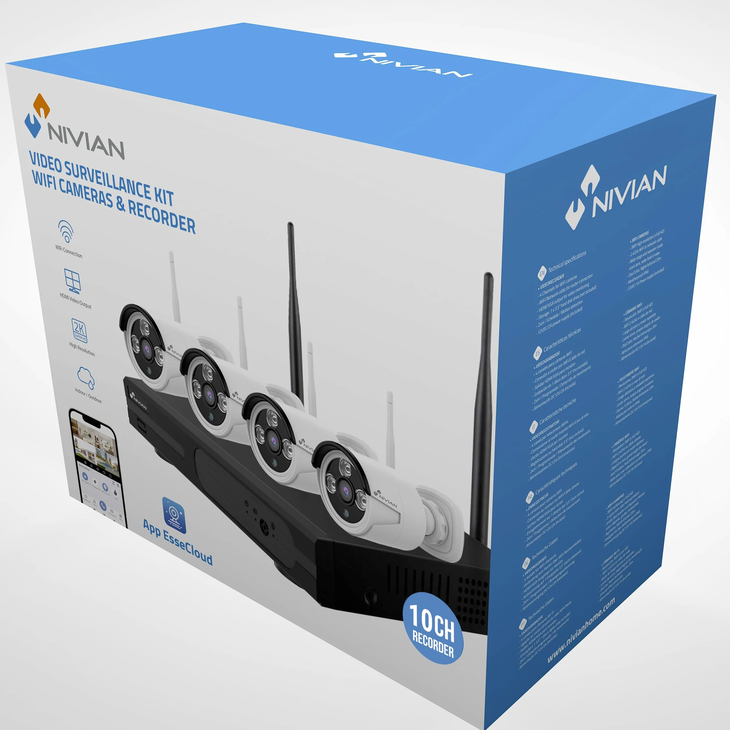 NIVIAN Kit Videosorveglianza WiFi SUPERHD 2K – Sicurezza Facile da Installare per Casa o Negozio, Visione Notturna, Rilevamento Umano Intelligente, Controllo da App – 4 Telecamere + NVR 8CH + HDD 1TB