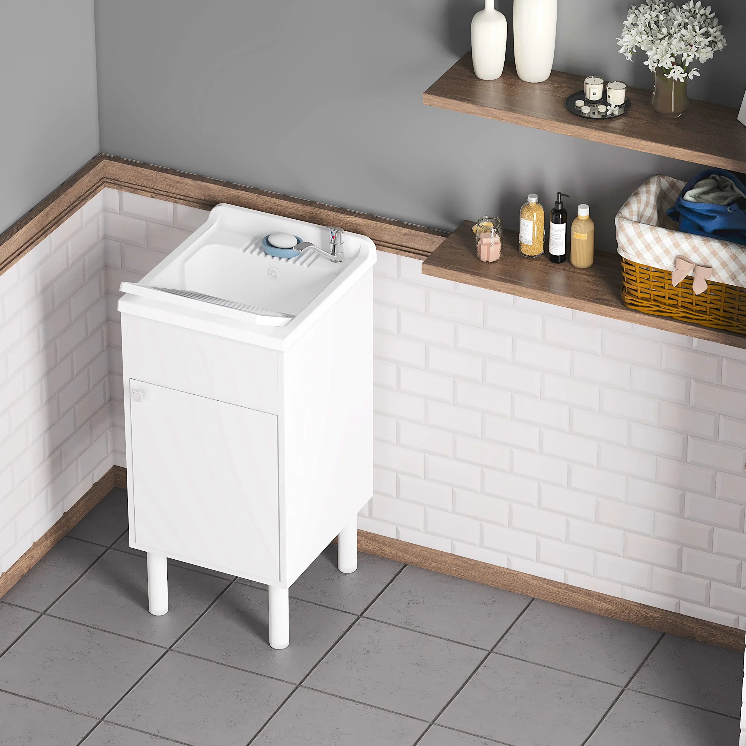 Negrari 9056KAM Lavatoio Lavapanni in Resina, all'umidità, Vasca Resistente agli acidi, Kit di Scarico Incluso, Interno e Esterno, L45 x P50 x H85 cm, Bianco, Media
