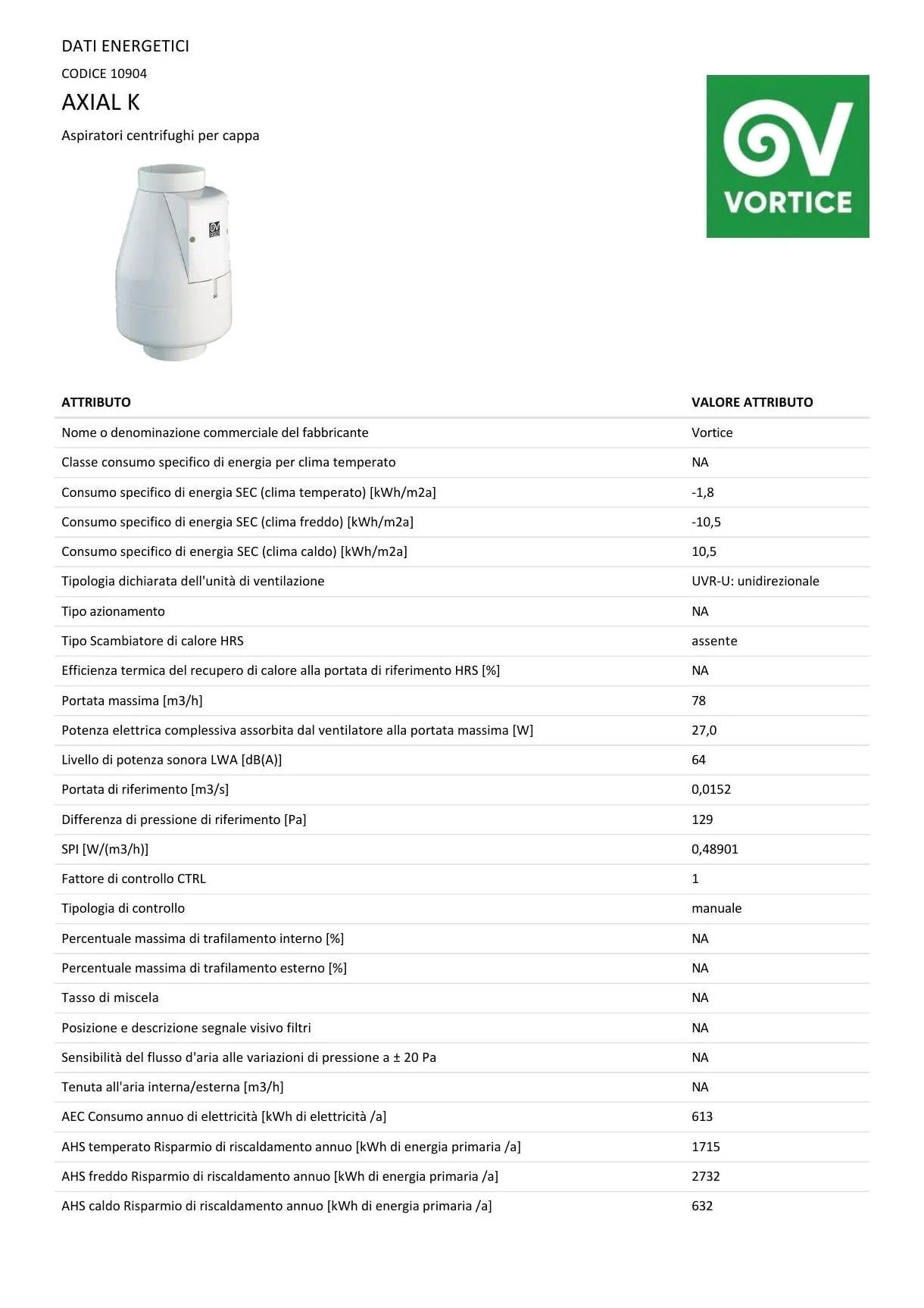 VORTICE AXIAL K - Aspiratore Cappa Cucina Centrifugo 100mm, Ventola Aspirazione Ventola Aspirazione a Basso Consumo Energetico, Rimuove Odori e Umidità, Portata Massima 135 m3/h - 27x 17,6x16,8 cm