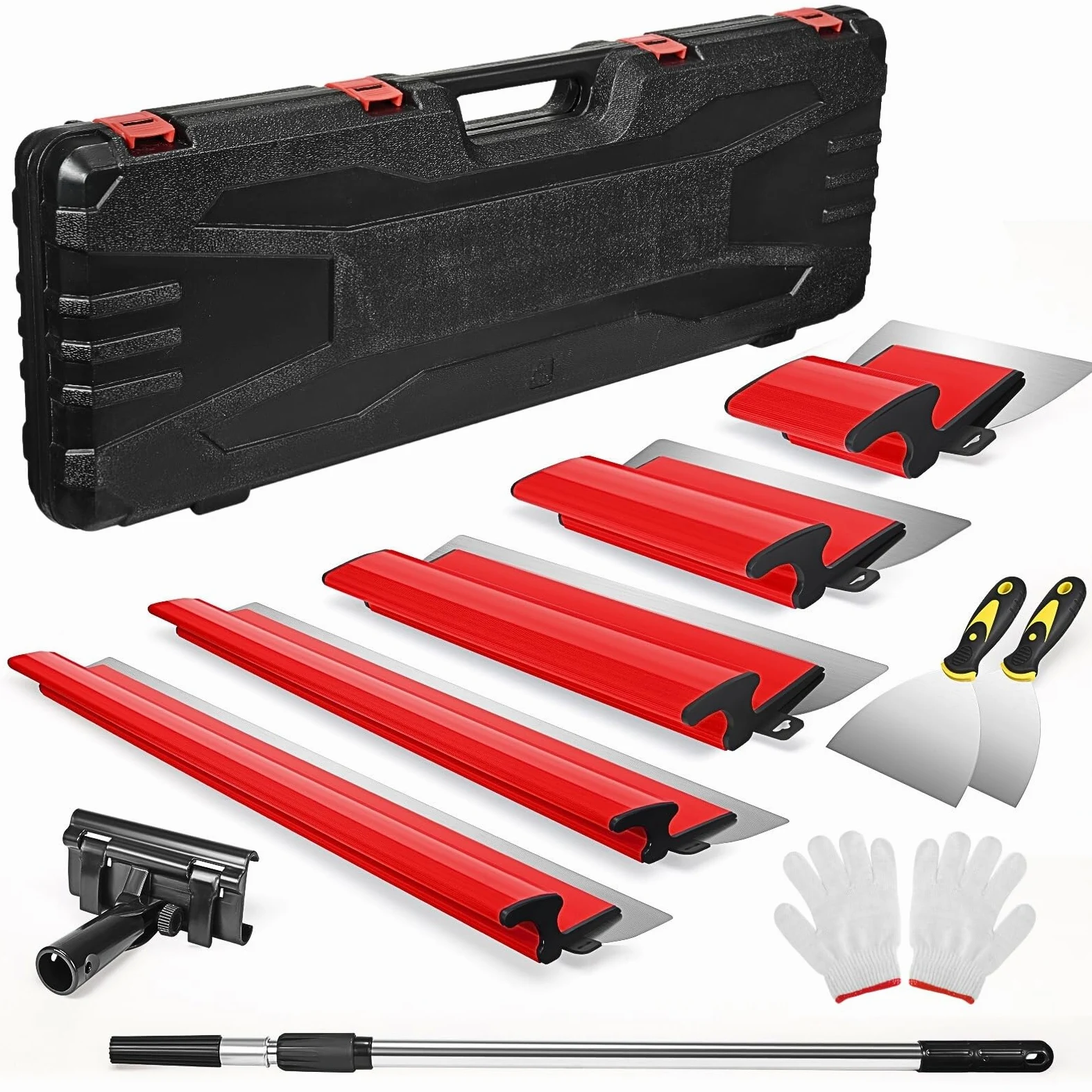 Set di spatole per superfici,inclusi 5 raschietti superfici 190 mm a mezzaluna 250 mm 400 mm 600 mm 800 mm con lame di ricambio 2 raschietti manuali asta telescopica in alluminio Spatula (Rosso)