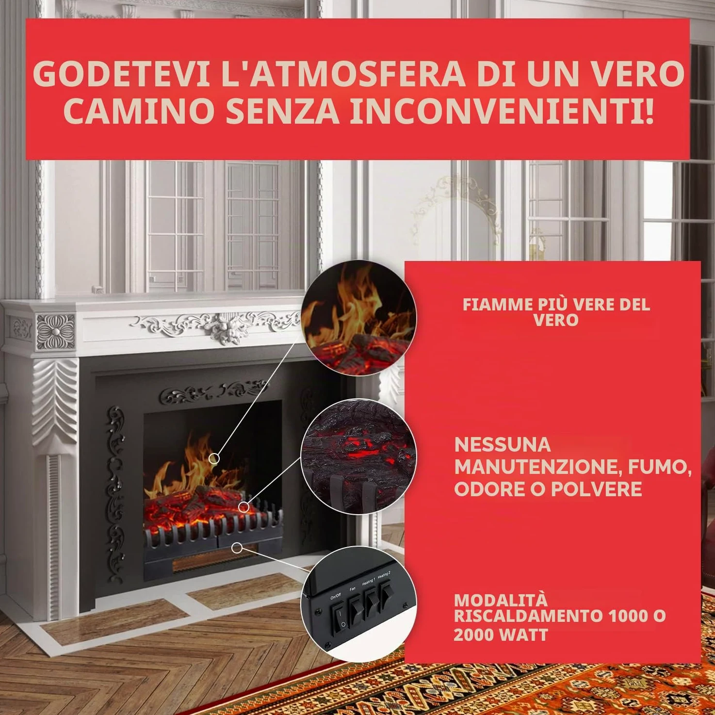 CHEMIN'ARTE Camino elettrico con Effetto Fiamma XL - LED - Legno Sintetico - 67 x 23 x 24 cm - Fuoco Elettrico - Riscalmento 2000W